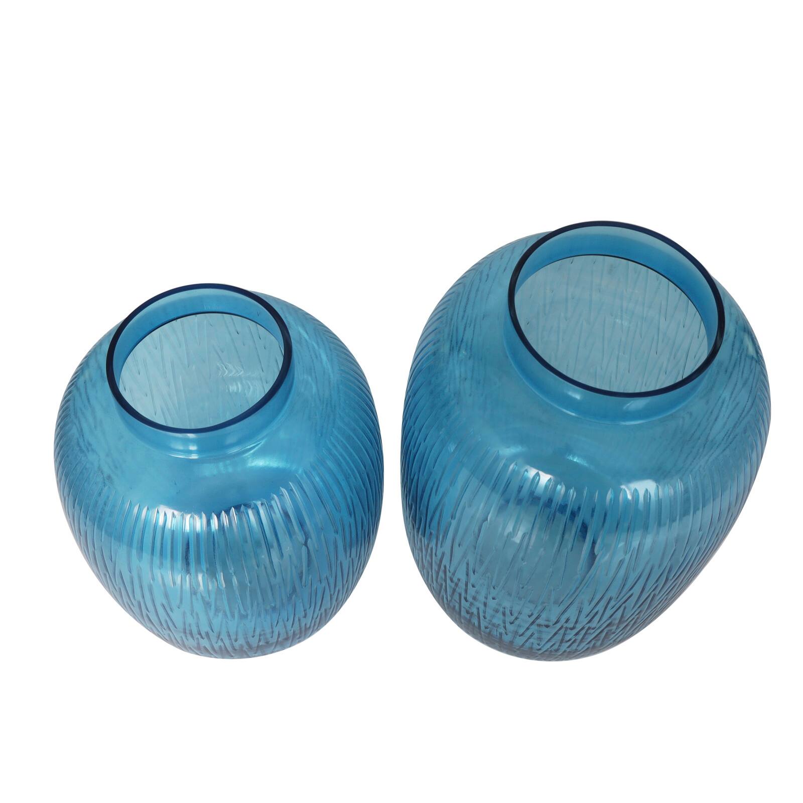 Blue Glass Ribbed Vase Set