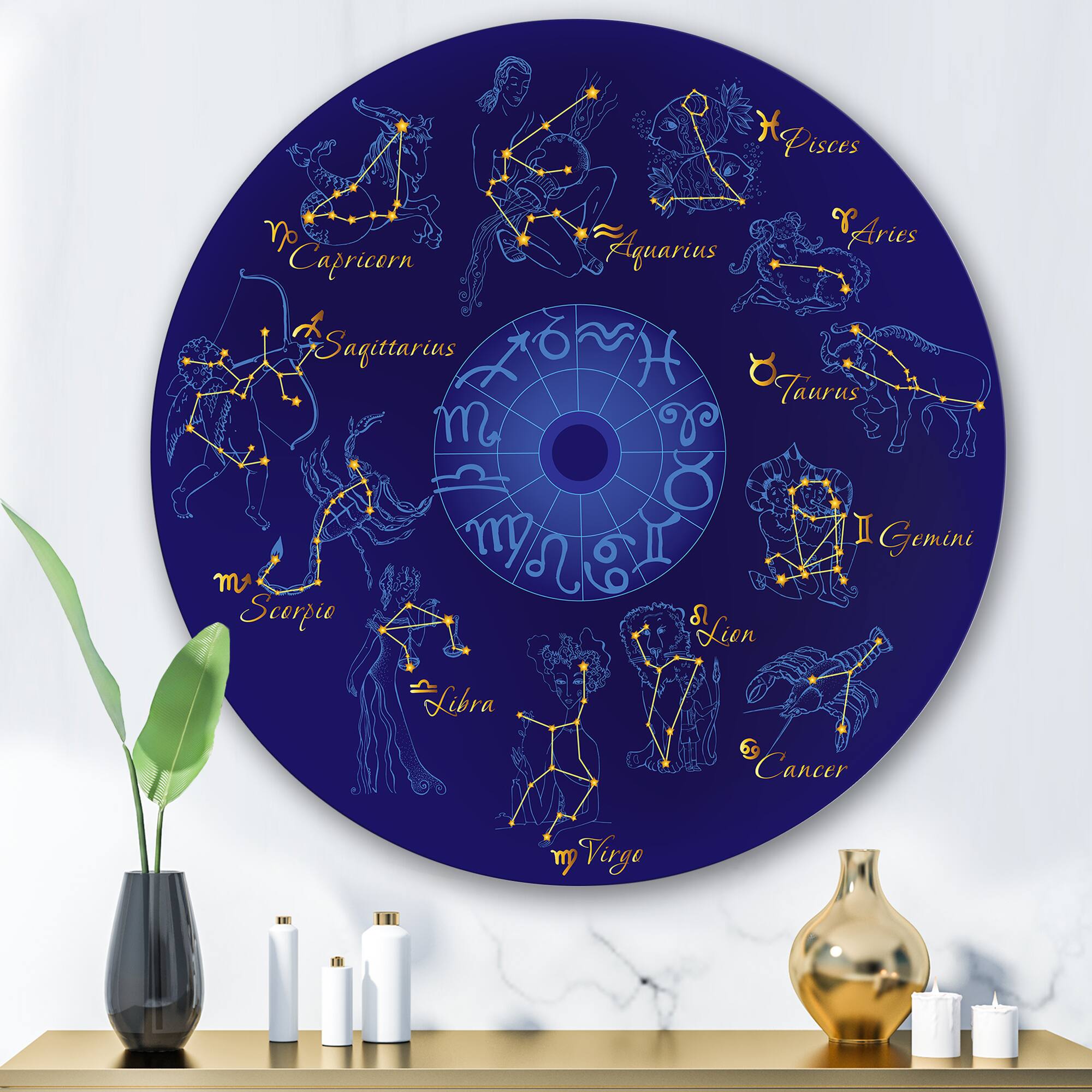 Designart - Zodiac With Constellations and Zodiac Signs - Modern Metal Circle Wall Art