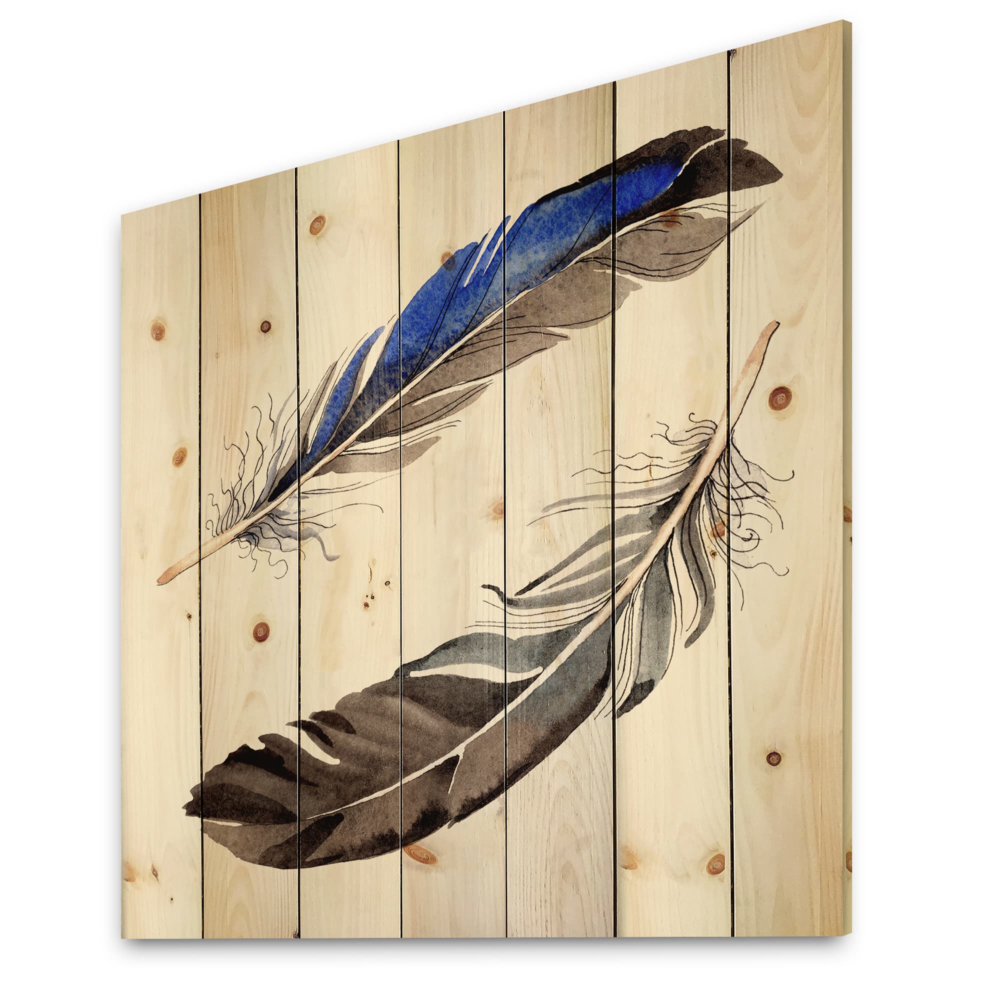 Designart - Colourful Boho Feathers III - Bohemian &#x26; Eclectic Print on Natural Pine Wood