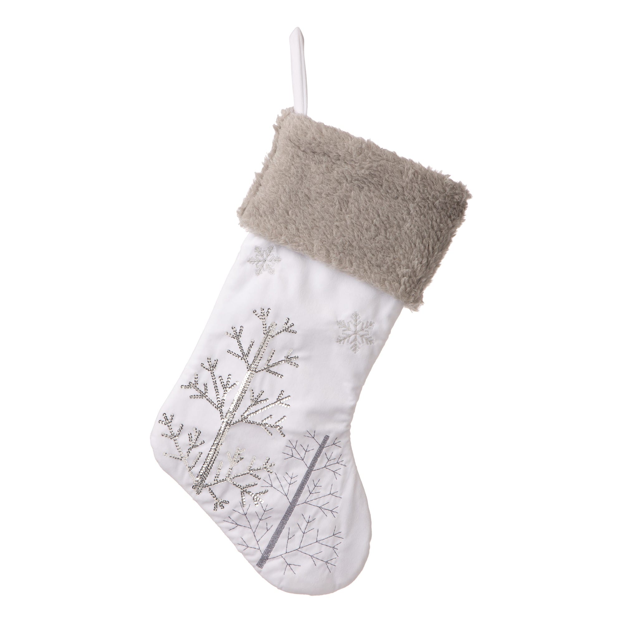 Glitzhome&#xAE; 21&#x22; White Fleece with Christmas Tree &#x26; Snowflake Stocking