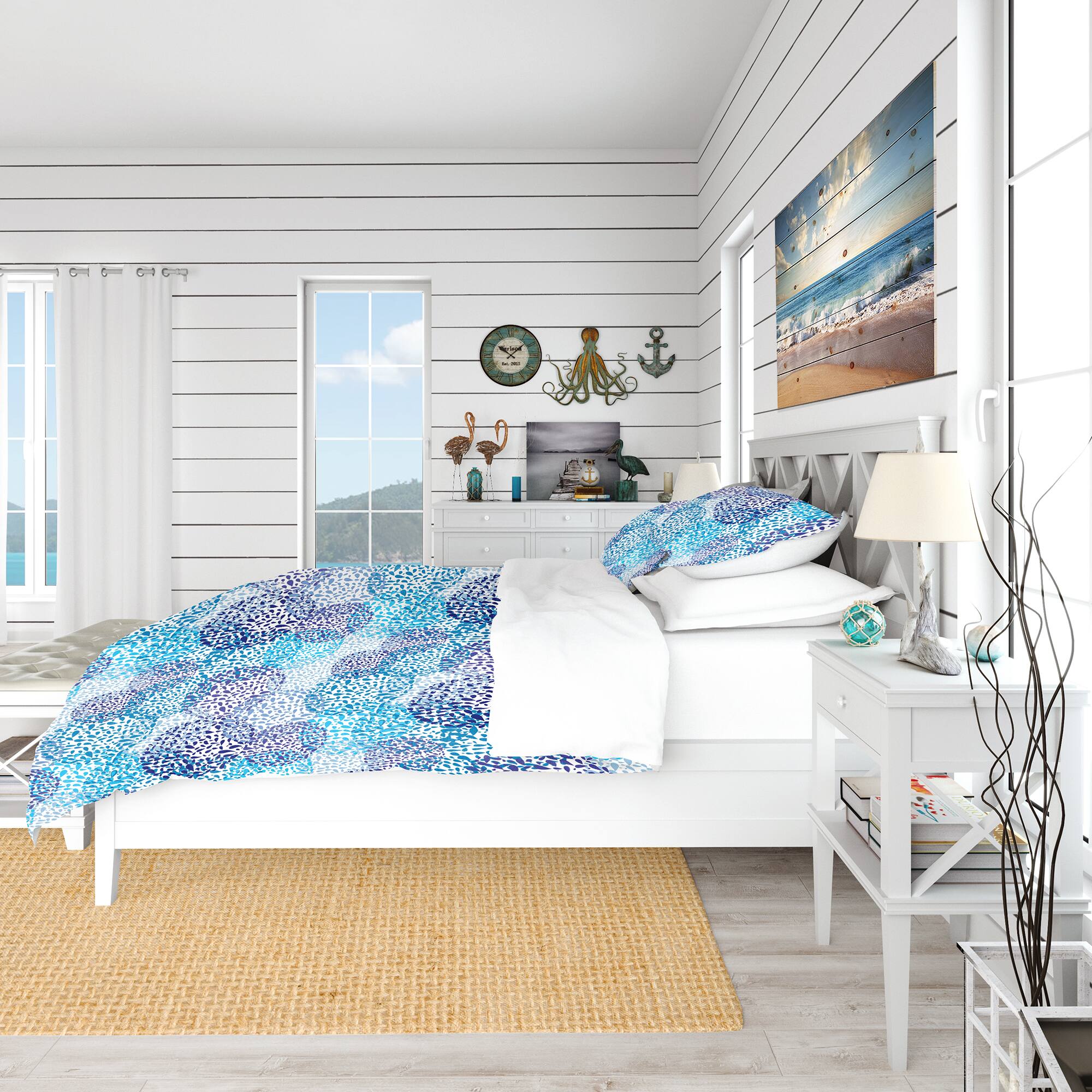 Designart &#x27;Sea Motif Pattern&#x27; Nautical &#x26; Coastal Bedding Set - Duvet Cover &#x26; Shams