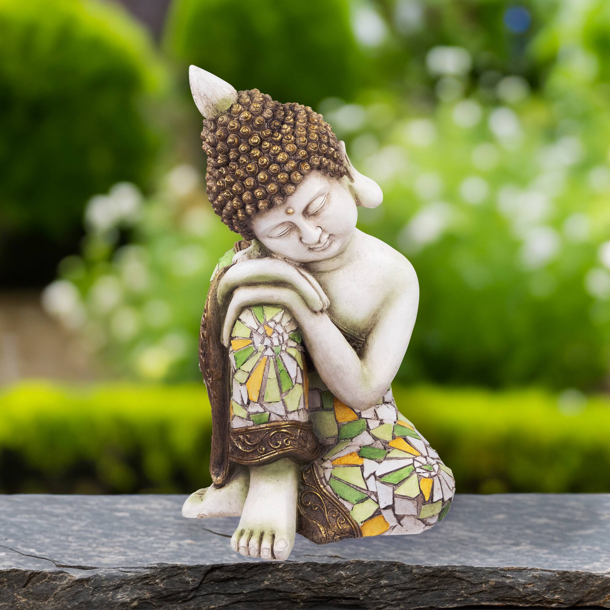 17&#x22; Resting Mosaic Buddha Outdoor Ceramic Garden Statue