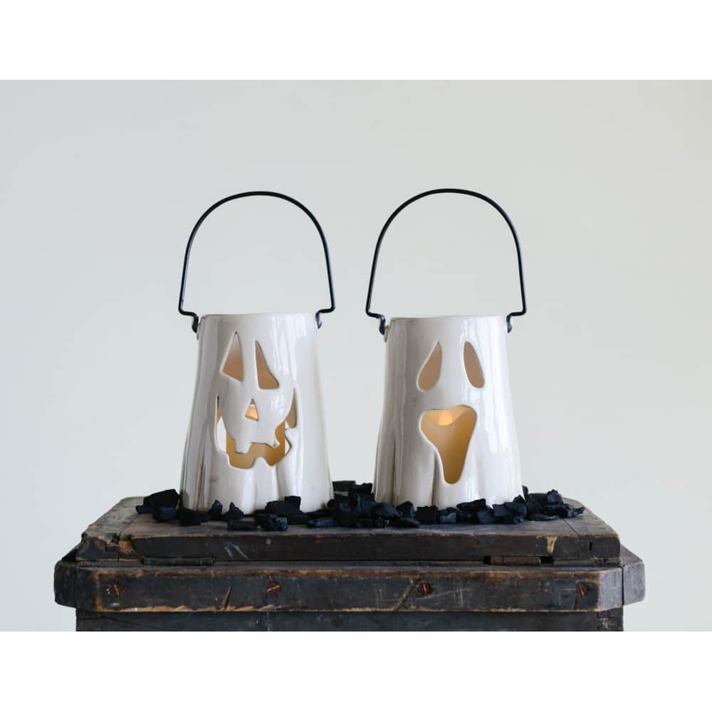 Hello Honey® 6.5" White Ceramic Ghost Face Lantern Set