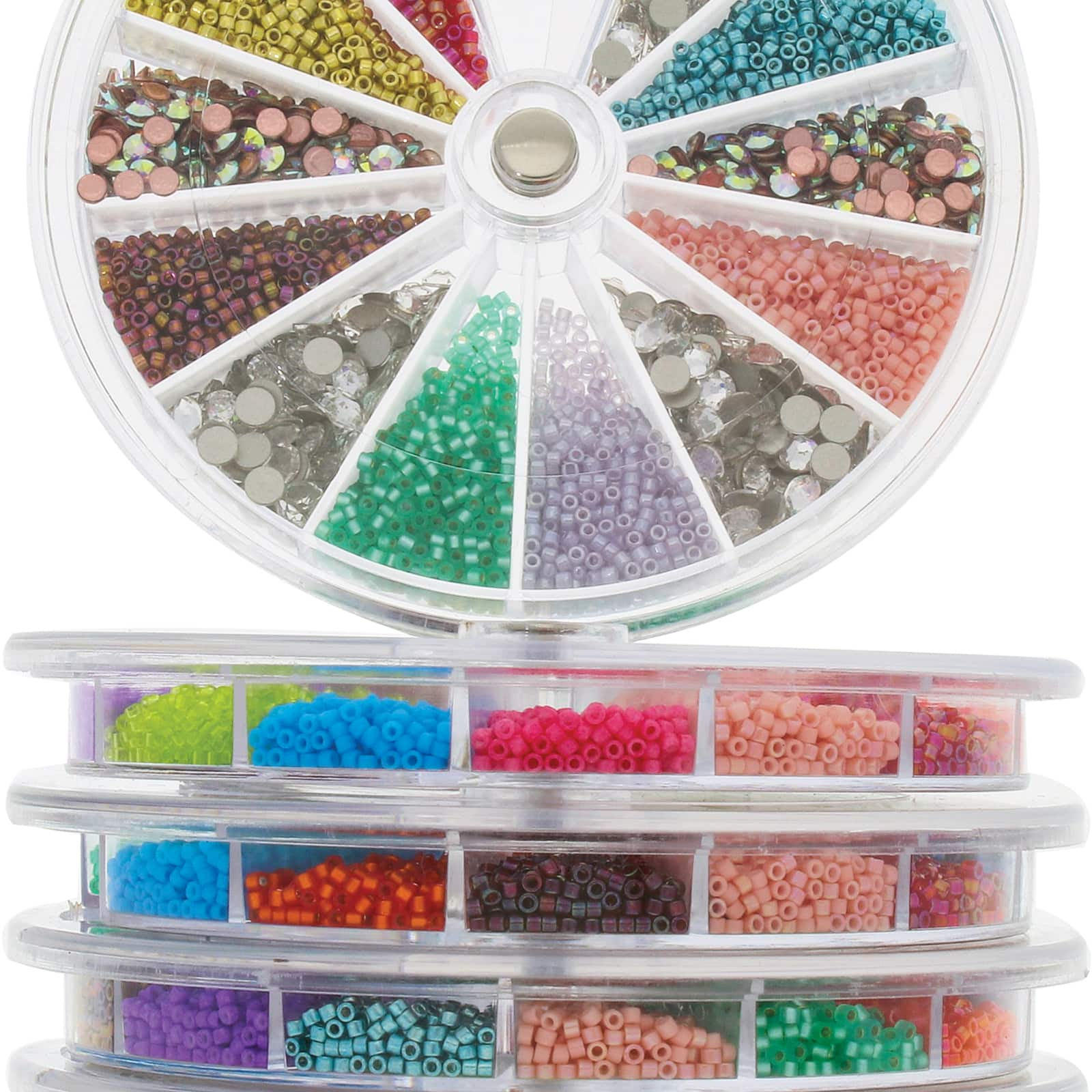 The Beadsmith Keeper Spinner Stackable Storage Container with 12 Compartments, 3.8 Round Diameter, 6 Storage Containers