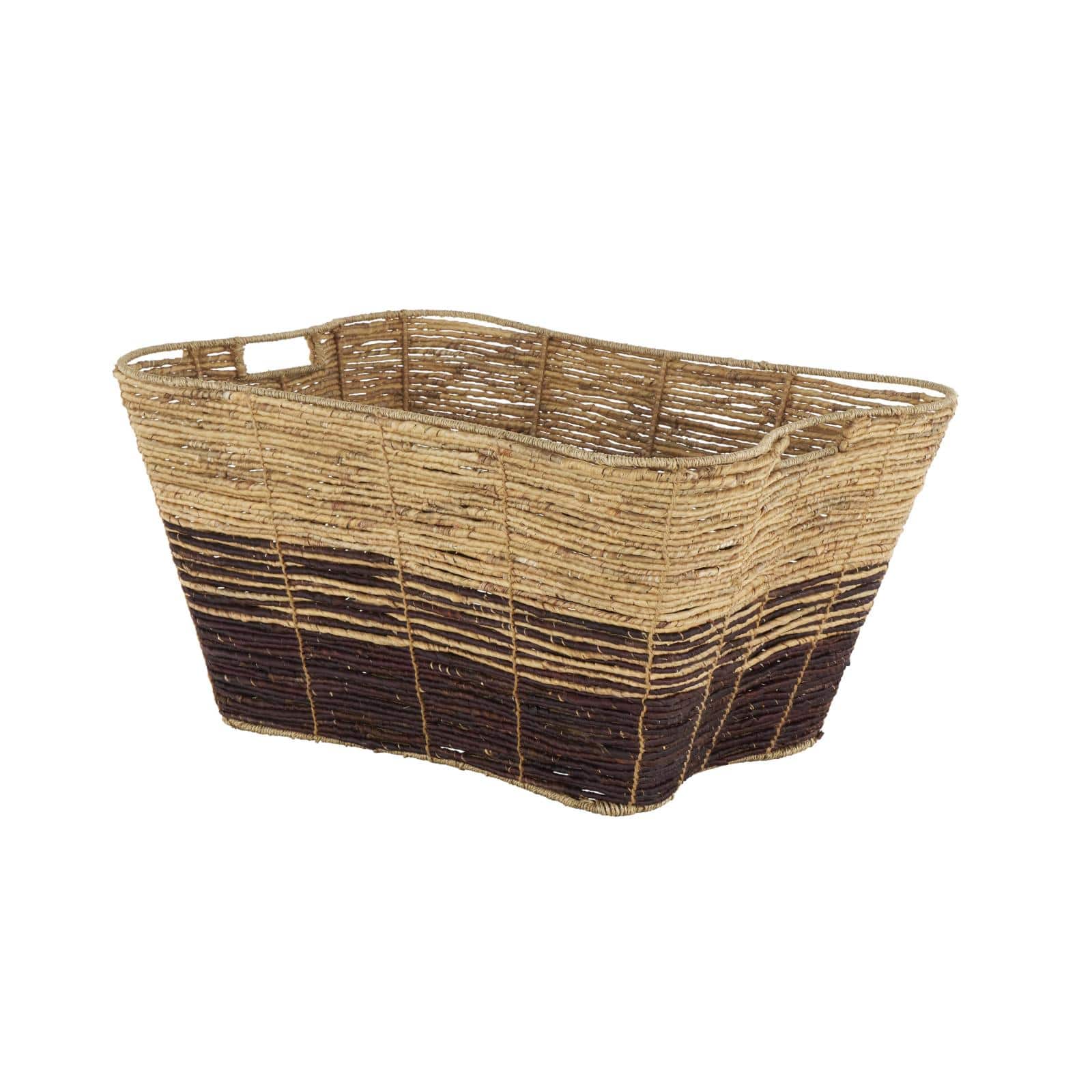 30" Brown Seagrass Handmade Oversized Color Block Storage Basket with Slot Handles