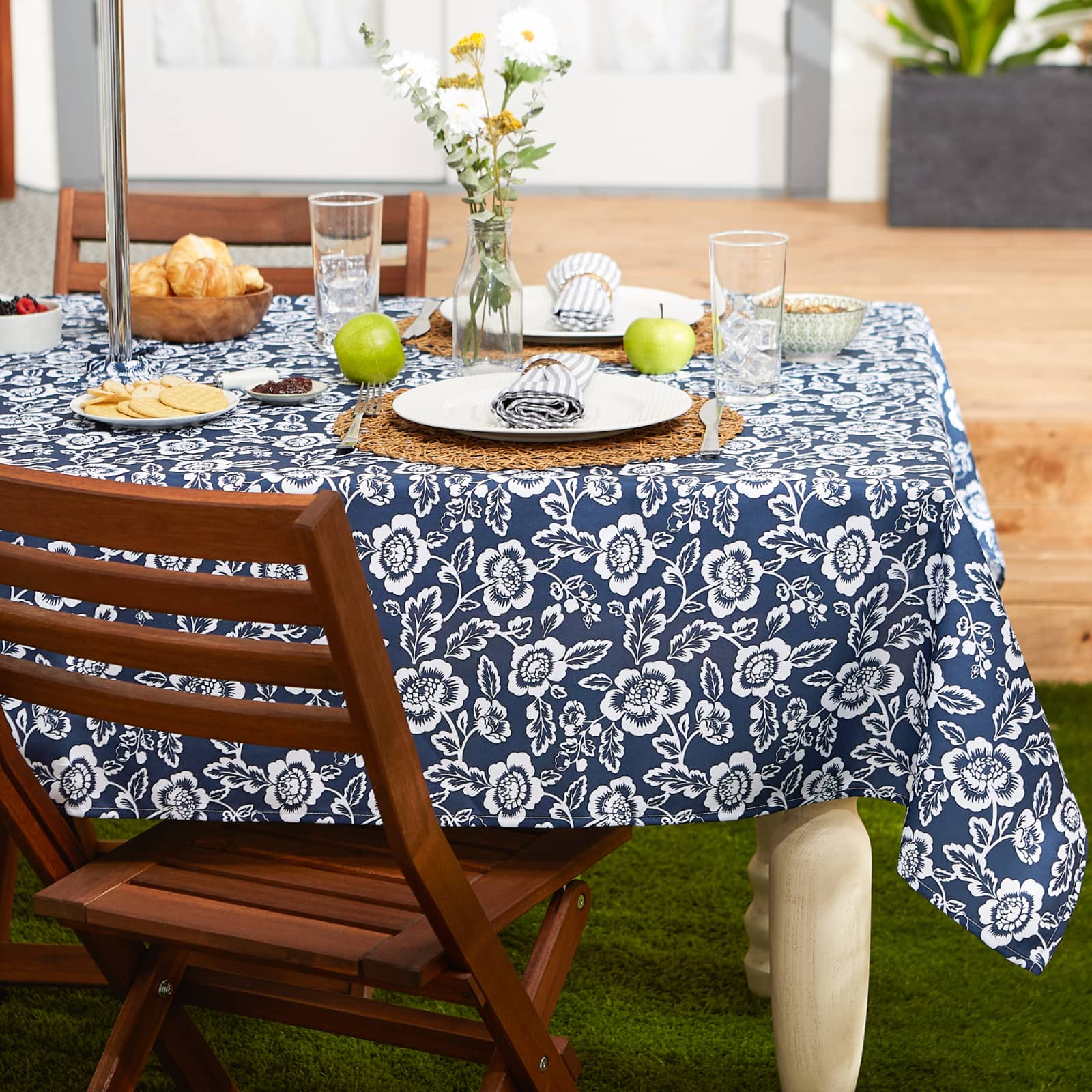 Nautical Blue Floral Print Outdoor Tablecloth, 60" x 84"
