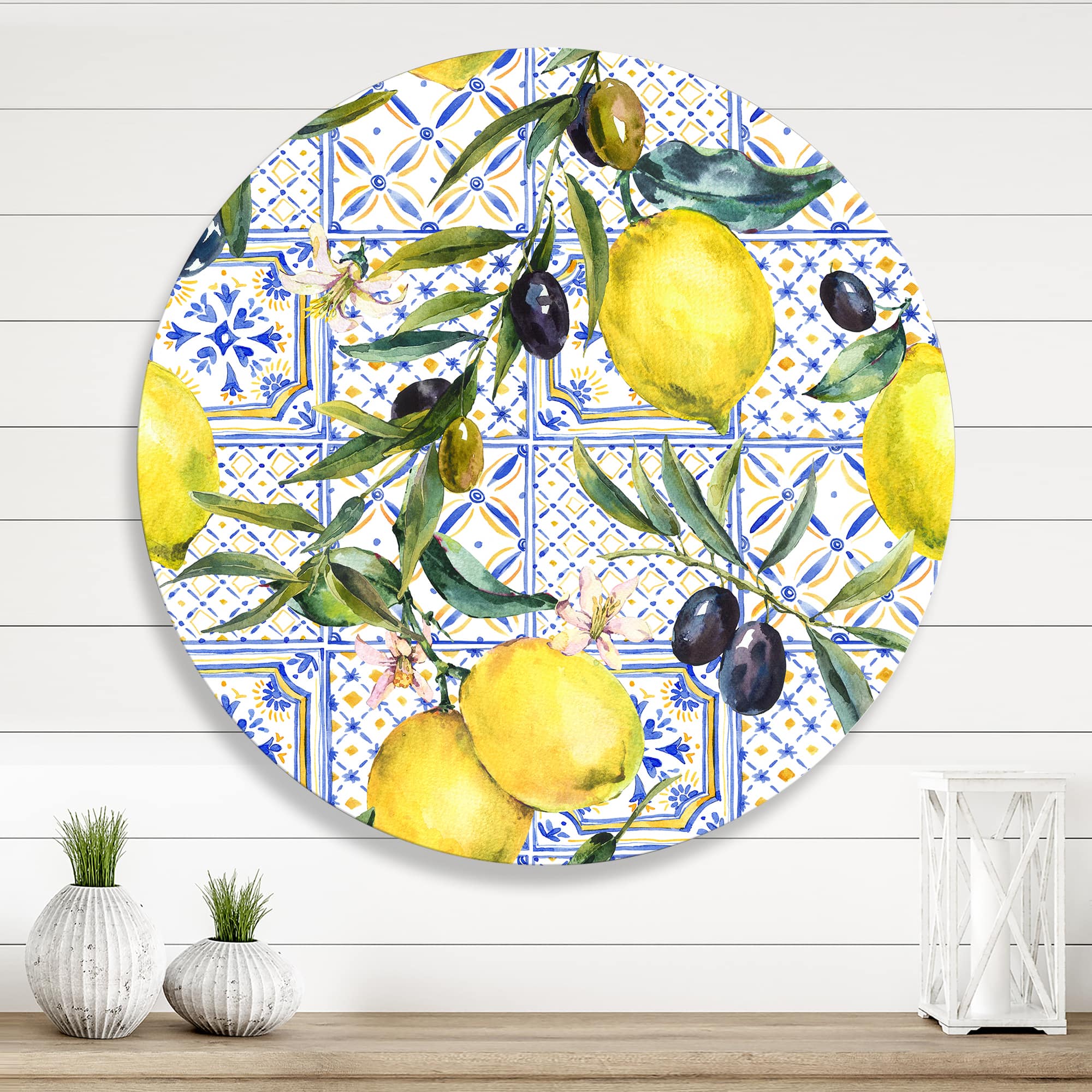 Designart - Lemon Ornament On Blue Geometrical Pattern III - Tropical Metal Circle Wall Art