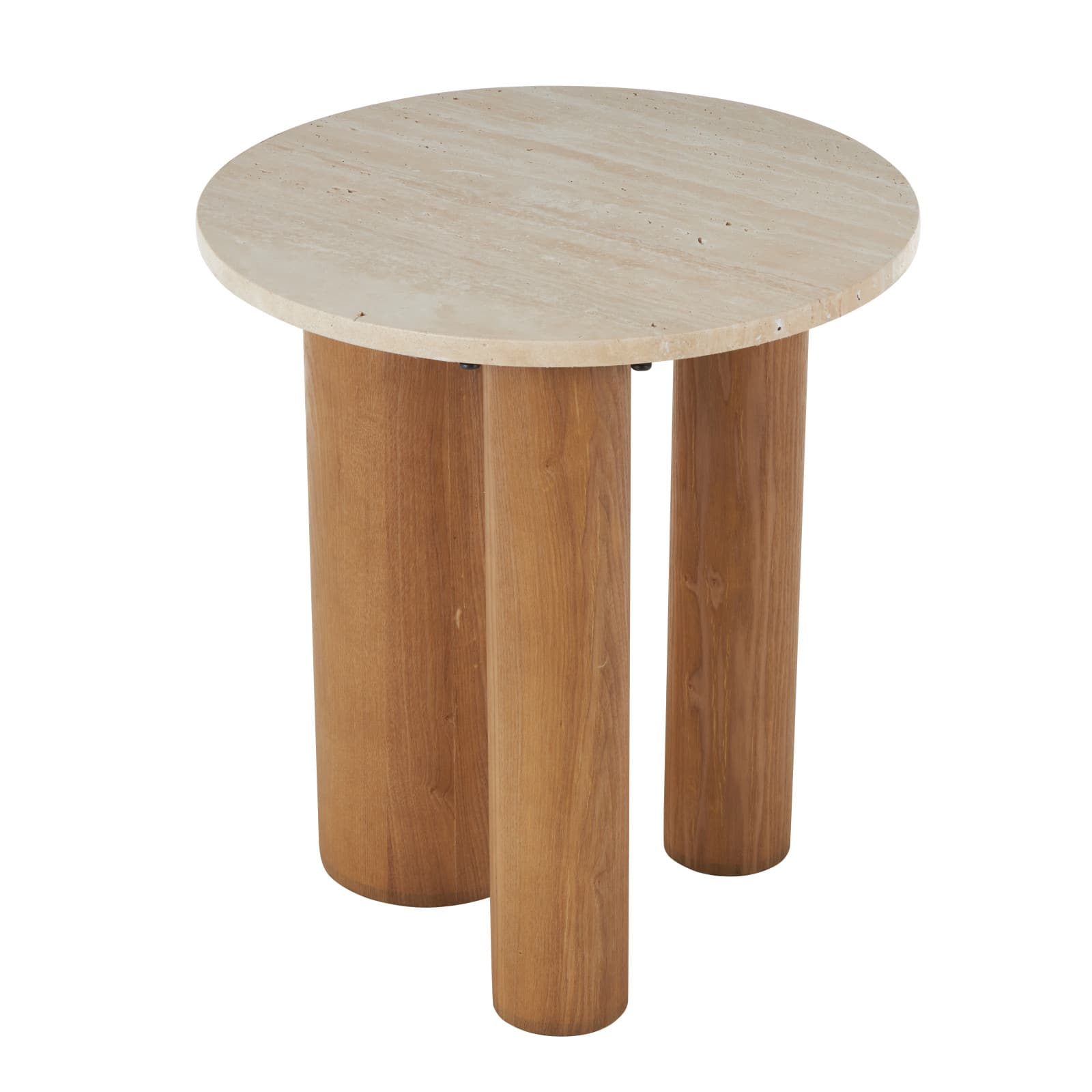 20" Brown Wood with Beige Marble Tabletop Accent Table