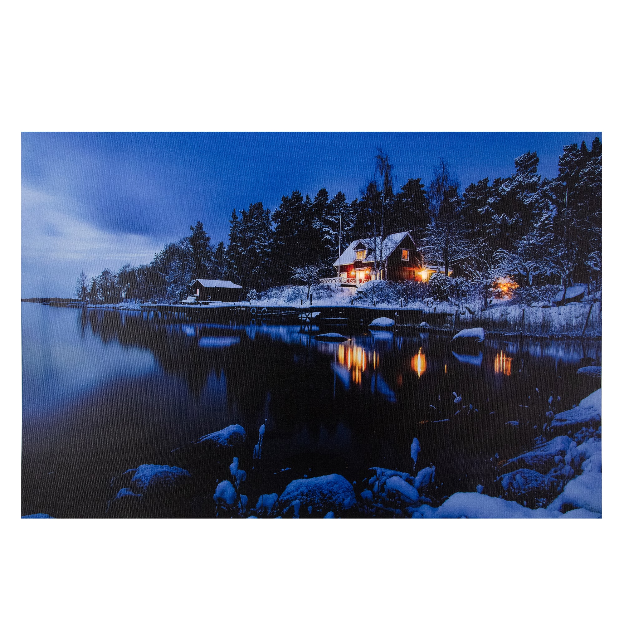 LED Rustic Lodge Cabin on the Lake Canvas Wall Art