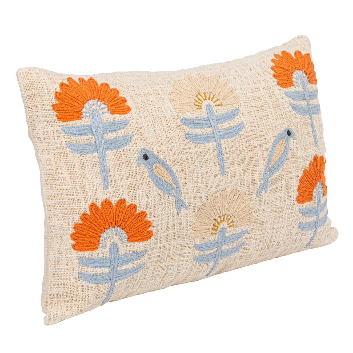 Hello Honey® Multicolor Embroidered Flowers & Birds Woven Cotton Lumbar Pillow
