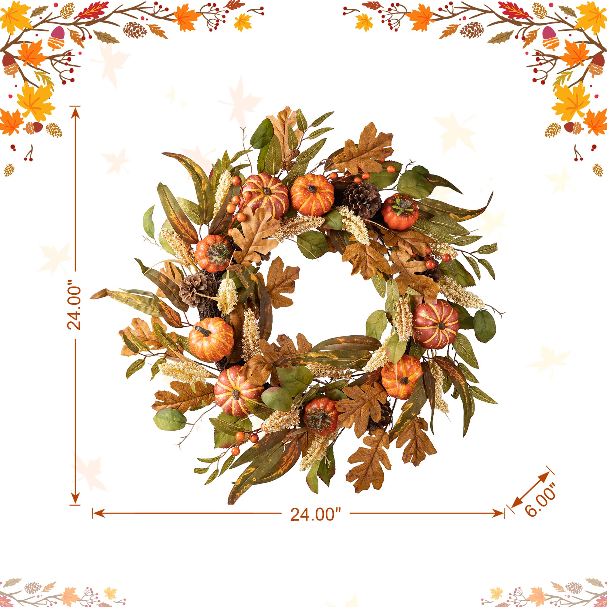 Glitzhome® 24" Fall Pumpkin Leaf Floral Wreath