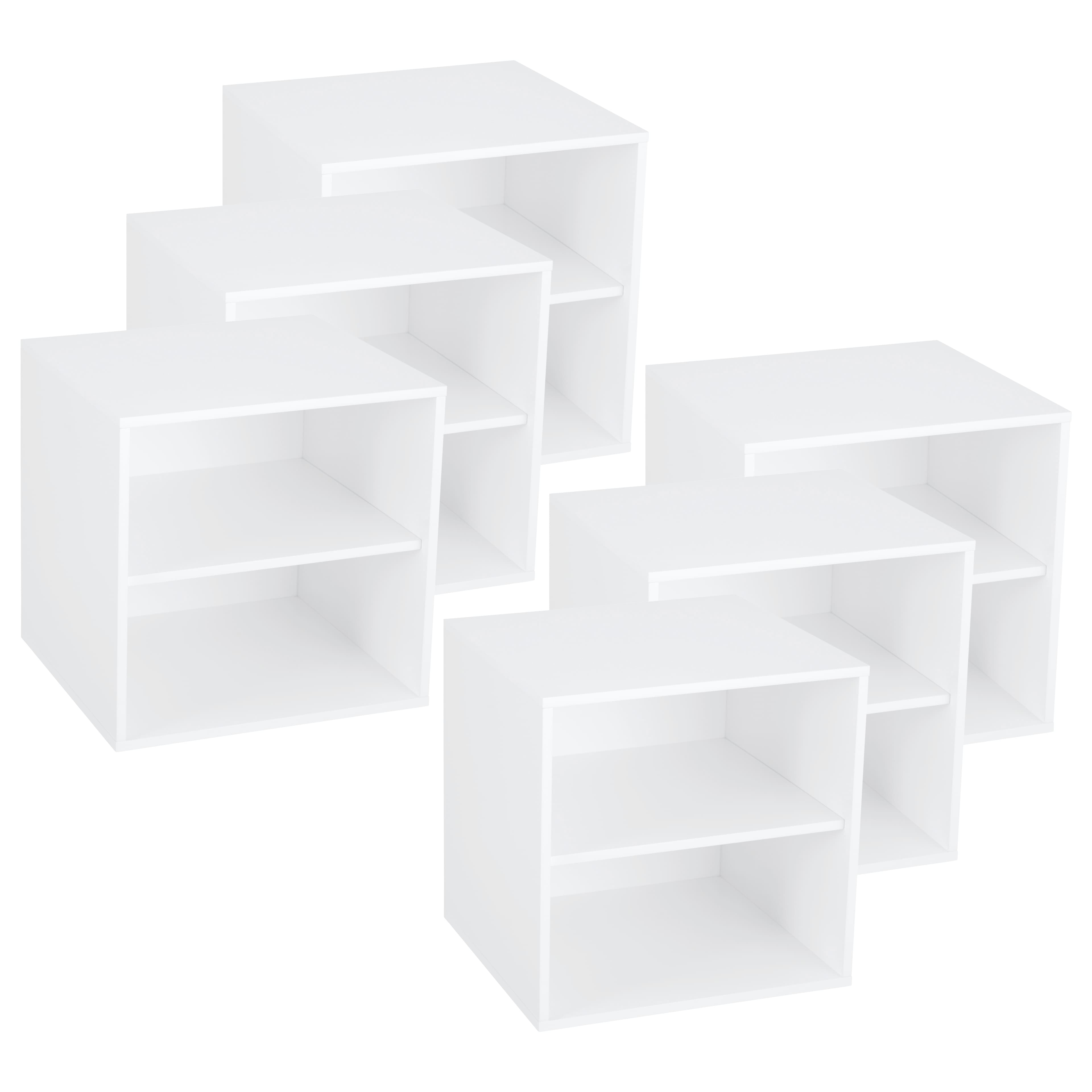 Wooden Cube Shelf Organizer Set Table. Includes Six Fabric Grey Storage Bins!