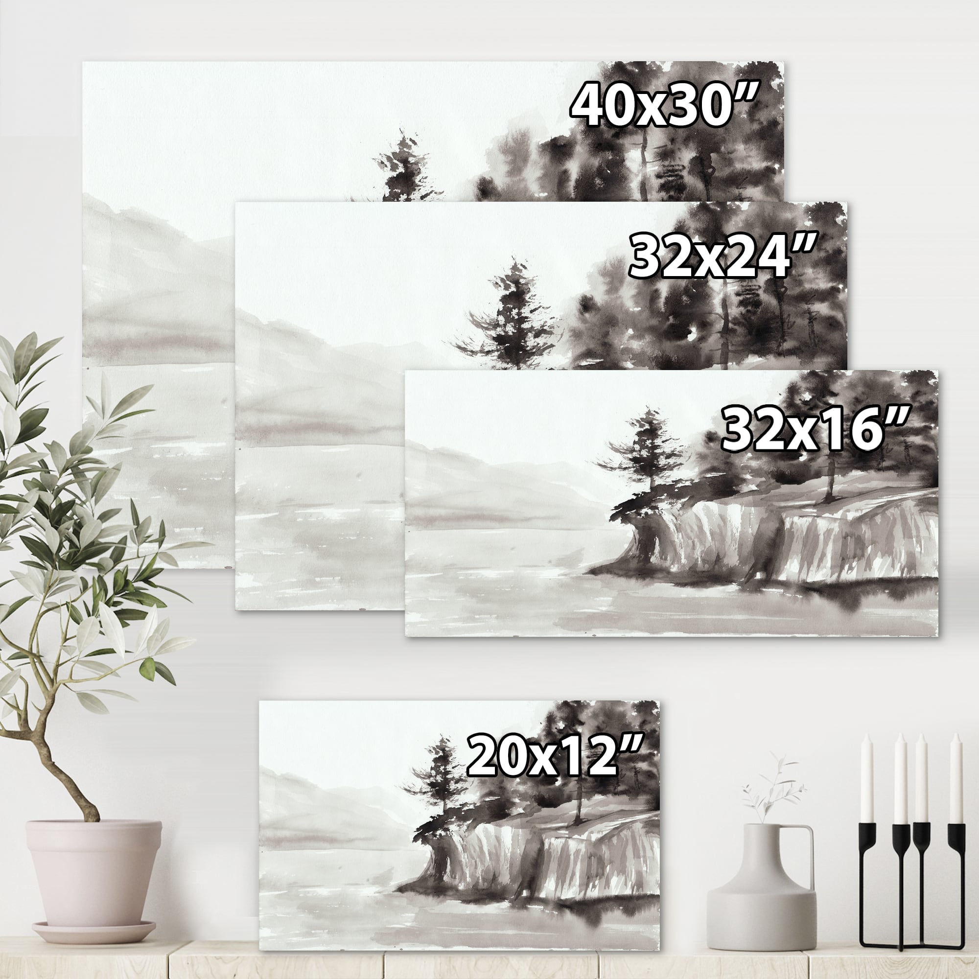 Designart - Monochrome Cliffs By The Lake - Nautical & Coastal Canvas Wall Art Print