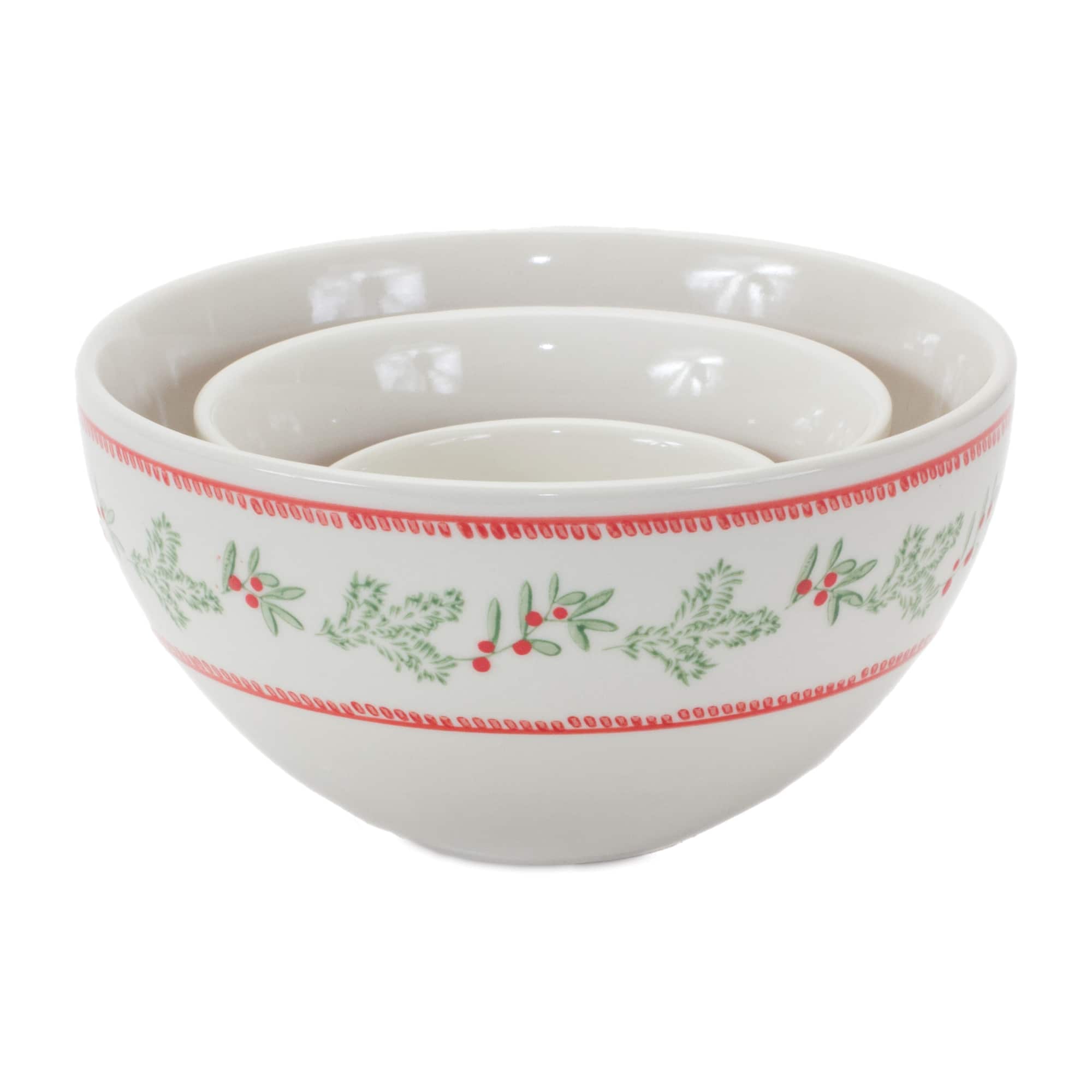 Mistletoe &#x26; Pine Holiday Stoneware Bowl Set, 3.5&#x22;, 5&#x22; &#x26; 6.75&#x22;