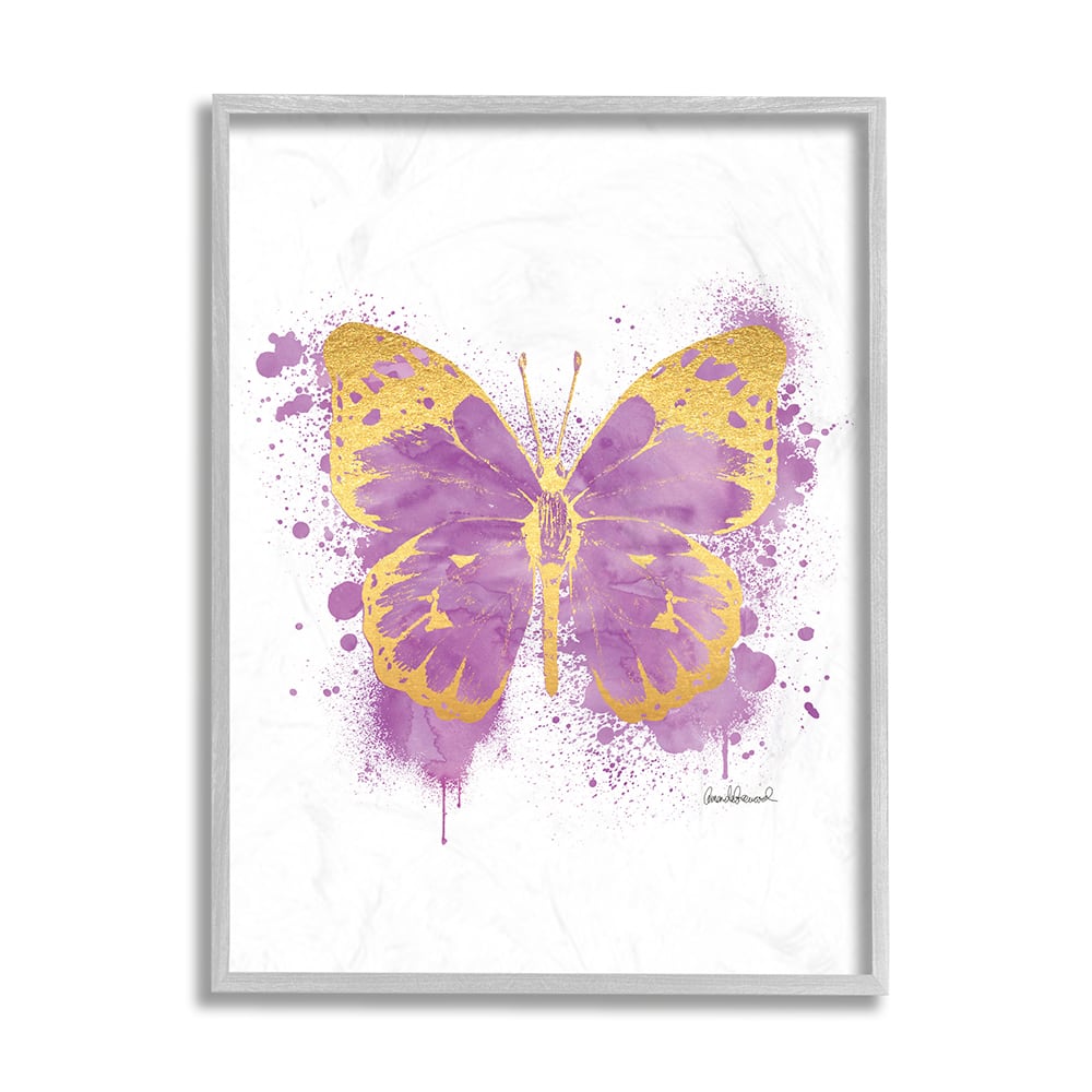 Stupell Industries Purple Butterfly Paint Splatter Glam Insect in Gray Frame Wall Art