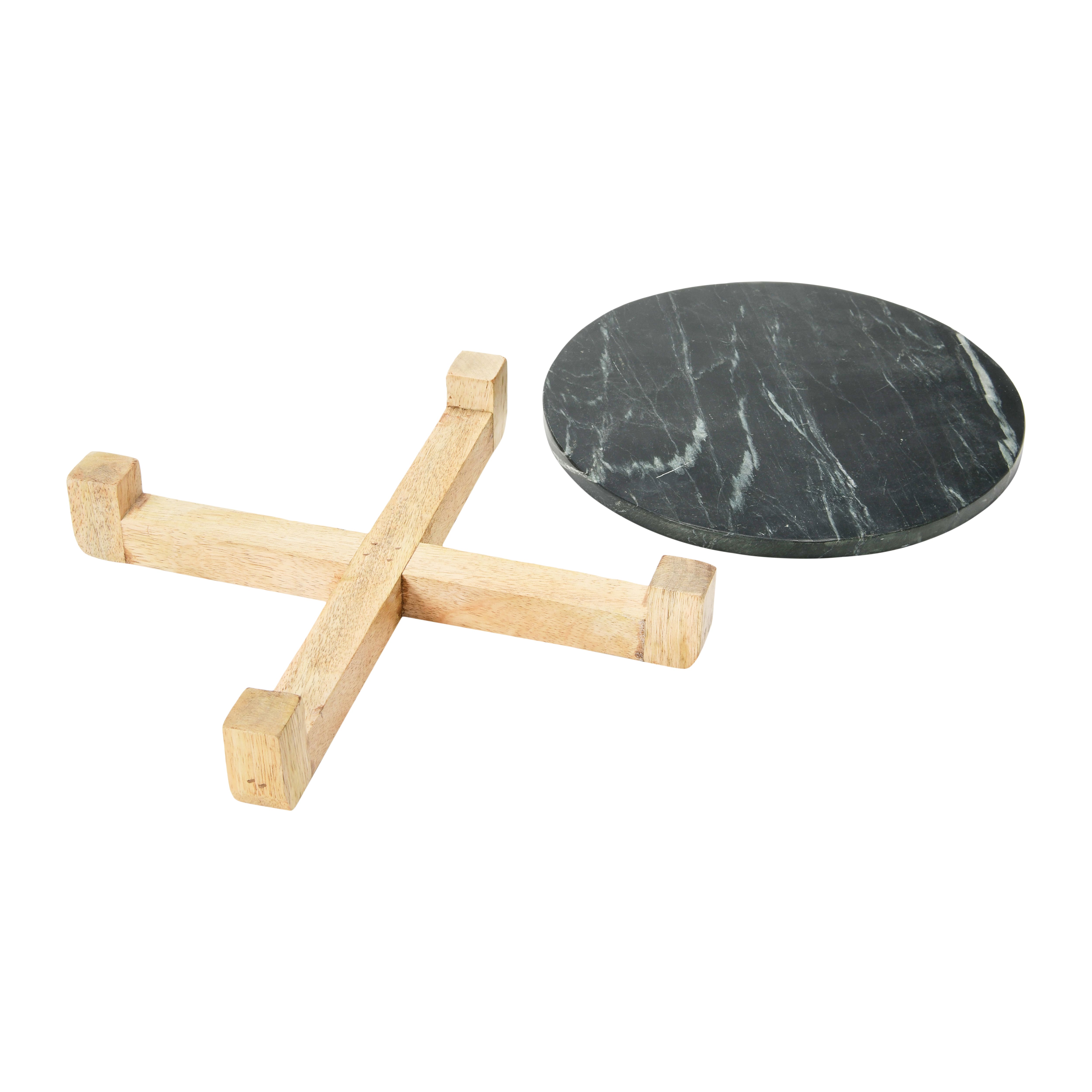 Black &#x26; Natural Marble Serving Board with Mango Wood Stand Set