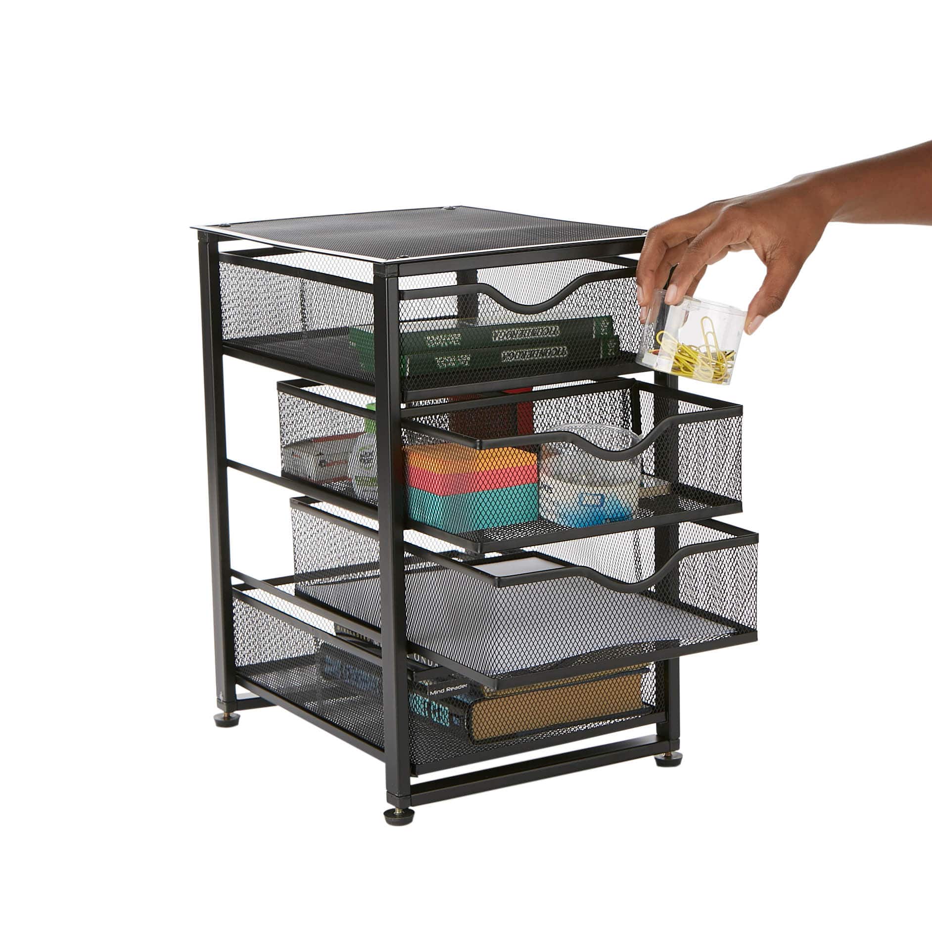 Mind Reader Black Metal Rolling Mesh Office Cart 4-Tiered Drawer Utility Storage Cabinet