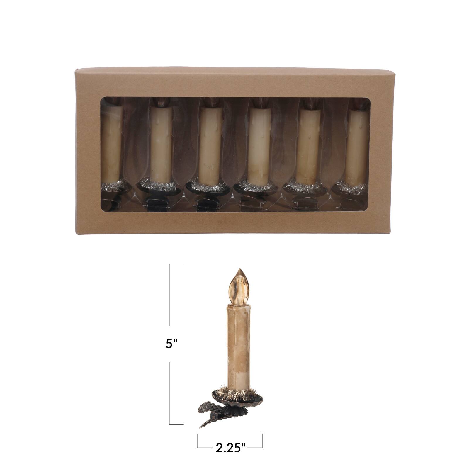 Hello Honey® 6 Pack 5" Multicolor Plastic Candle Clip-On Ornaments with Tinsel & LED Light