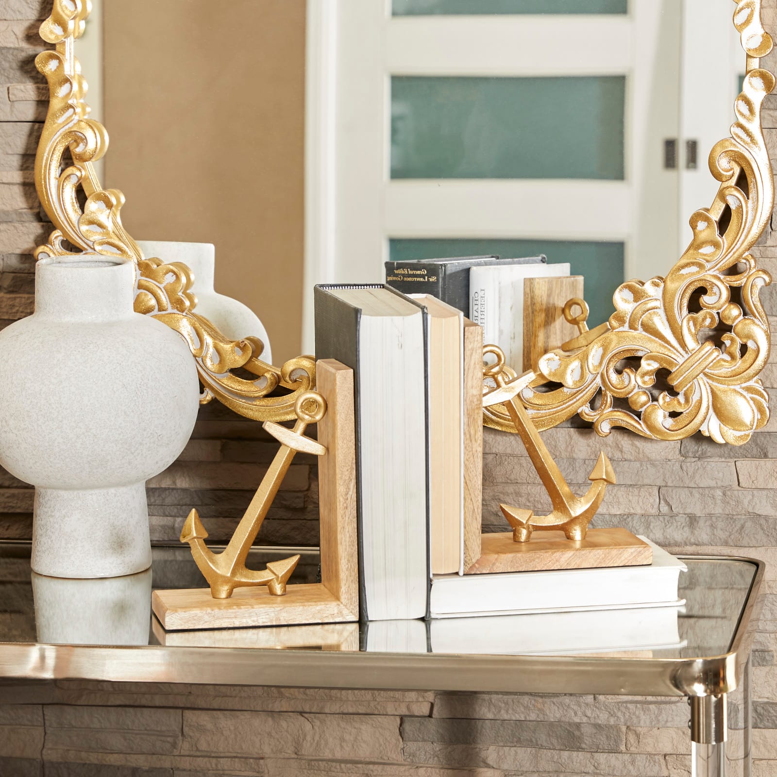 9&#x22; Gold Aluminum Anchor Bookends Set