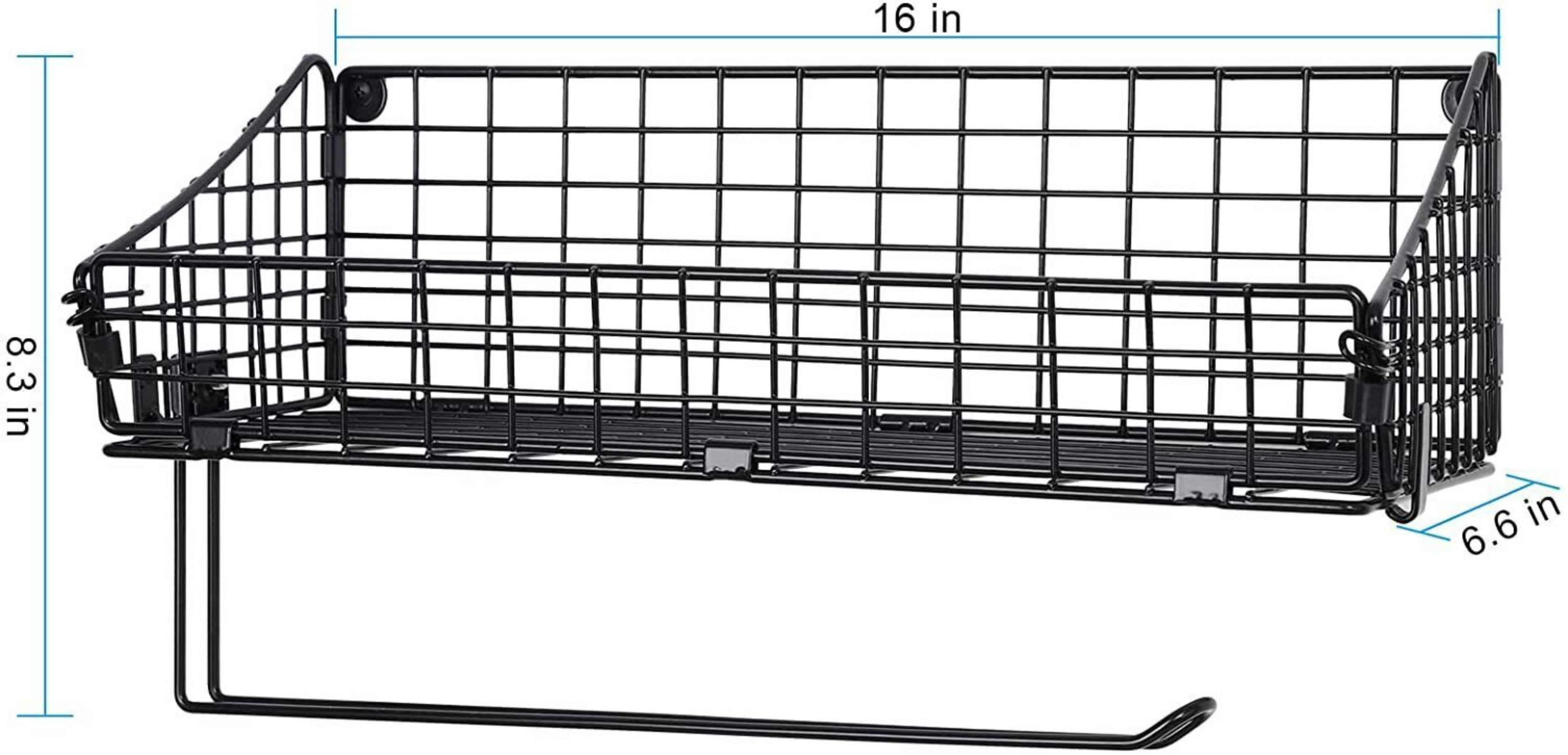 NEX™ 16" Black Wall Mounted Wire Basket Shelf & Paper Roll Holder