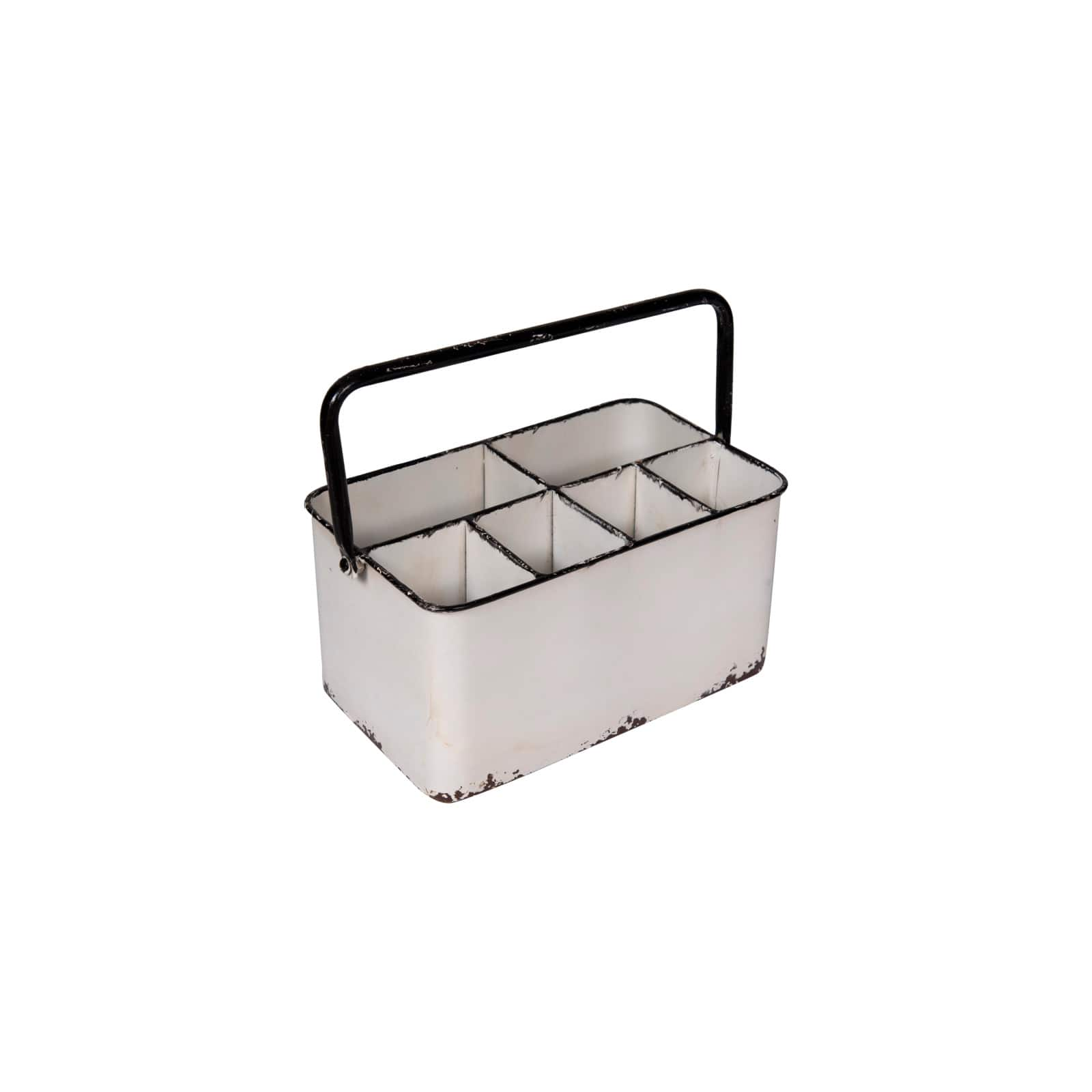 Distressed White Metal Caddy With 6 Compartments