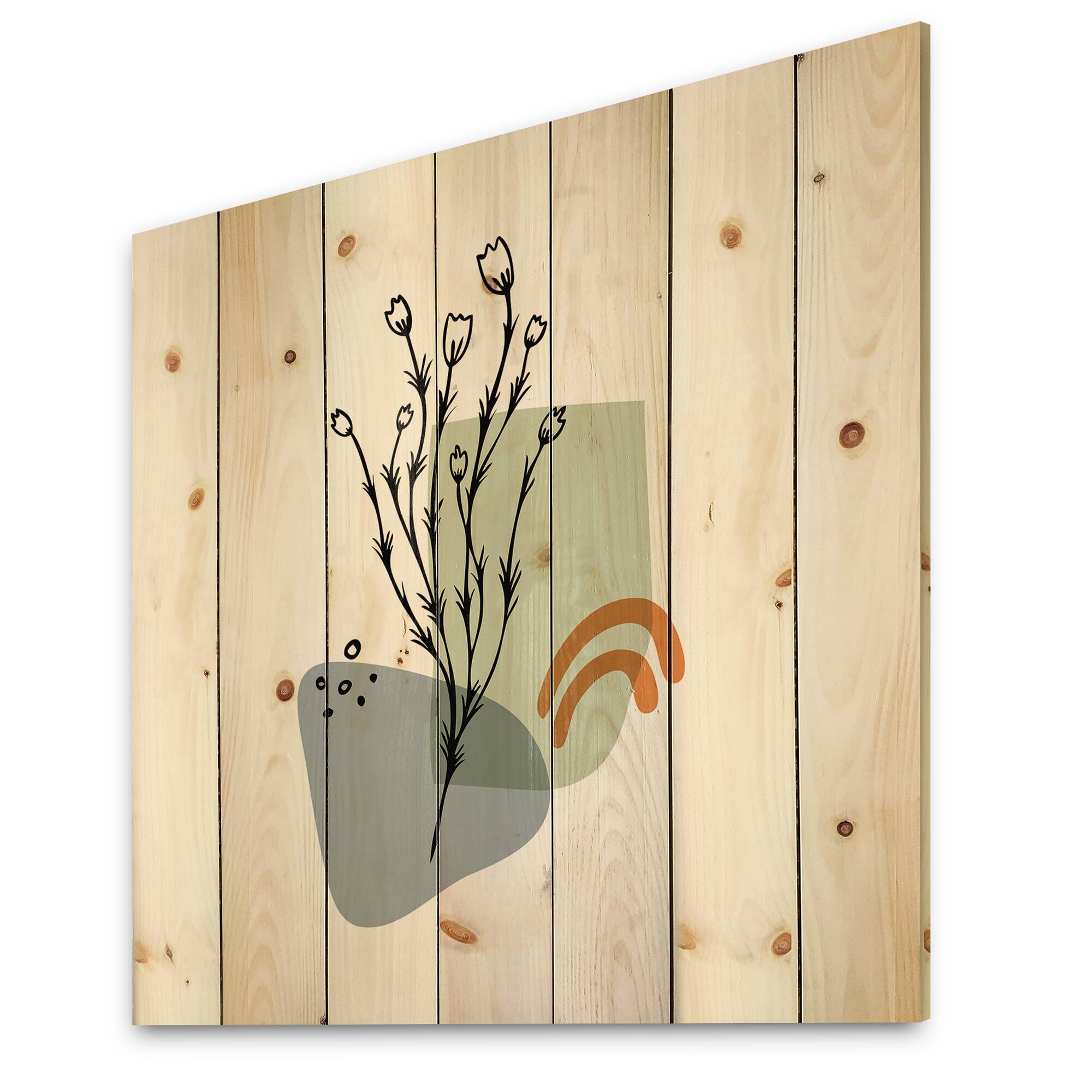 Designart - Abstract Flowers On Minimal Shapes II - Modern Print on Natural Pine Wood