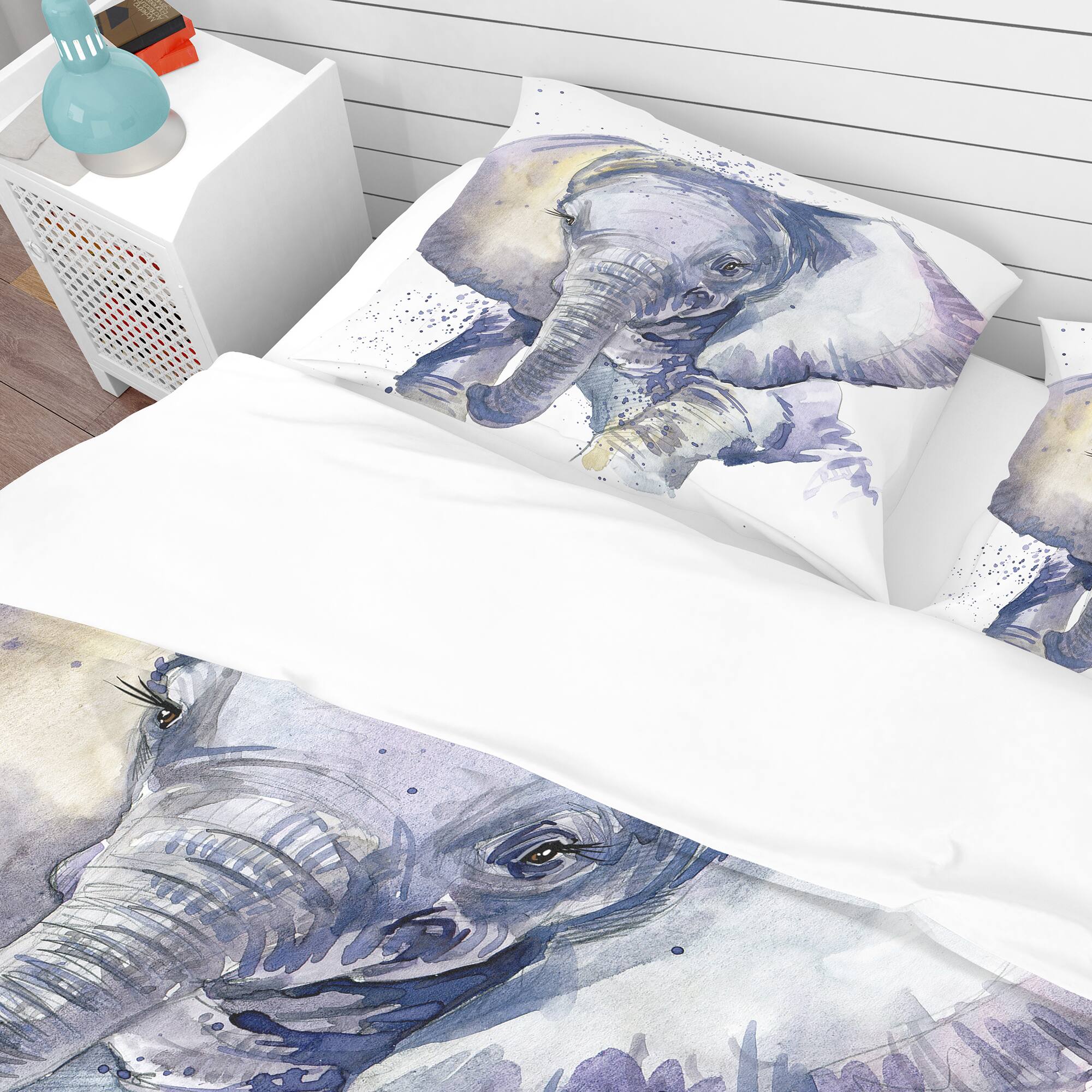Designart &#x27;Baby Elephant Blue Watercolor&#x27; Tropical Bedding Set - Duvet Cover &#x26; Shams
