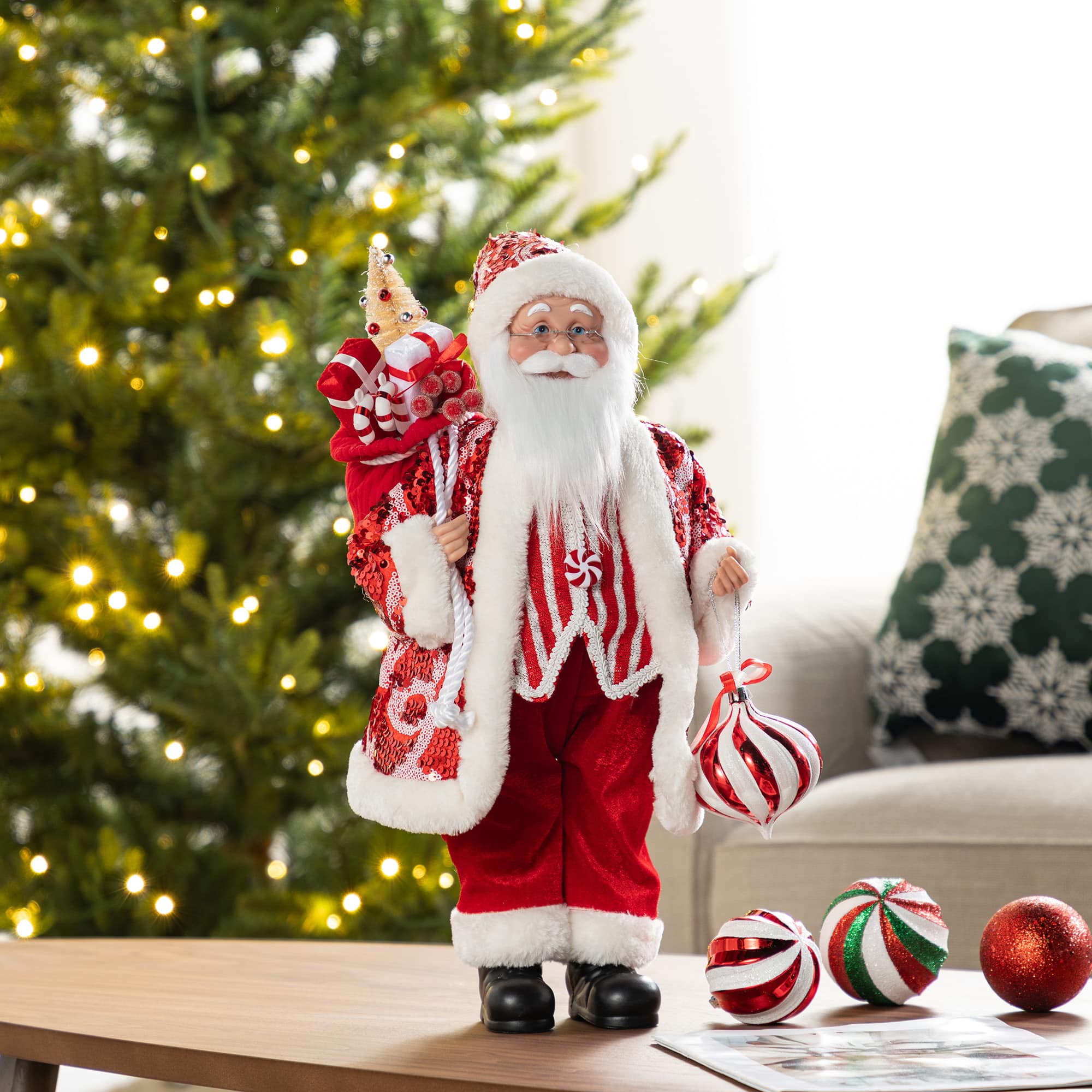 Glitzhome&#xAE; 18&#x22;H Faux Fur Christmas Peppermint Santa Figurine