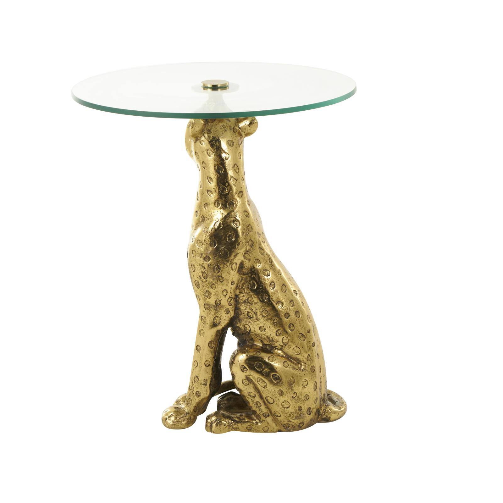 25&#x22; Gold Aluminum Leopard Spotted Sitting Accent Table with Glass Tabletop
