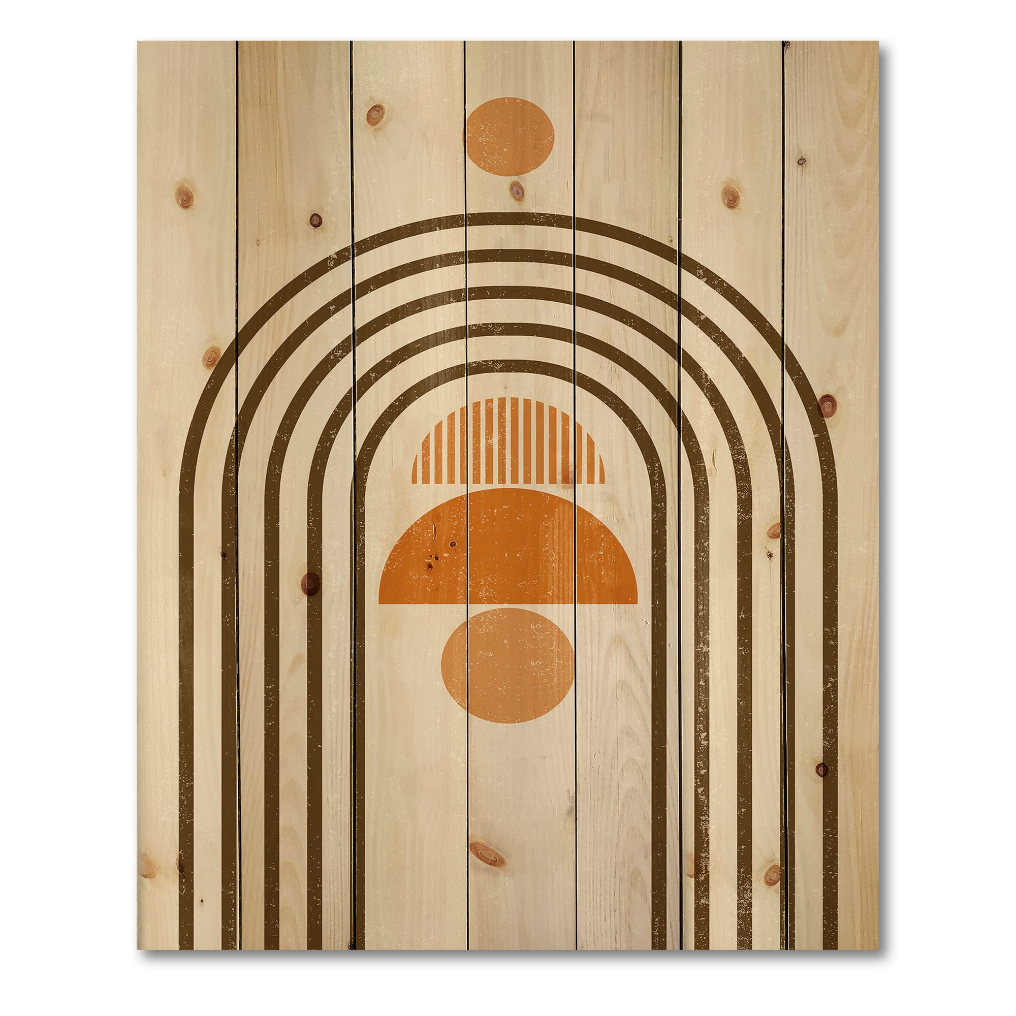 Designart - Abstract Rainbow Sun and Moon In Earth Tones IV - Modern Print on Natural Pine Wood