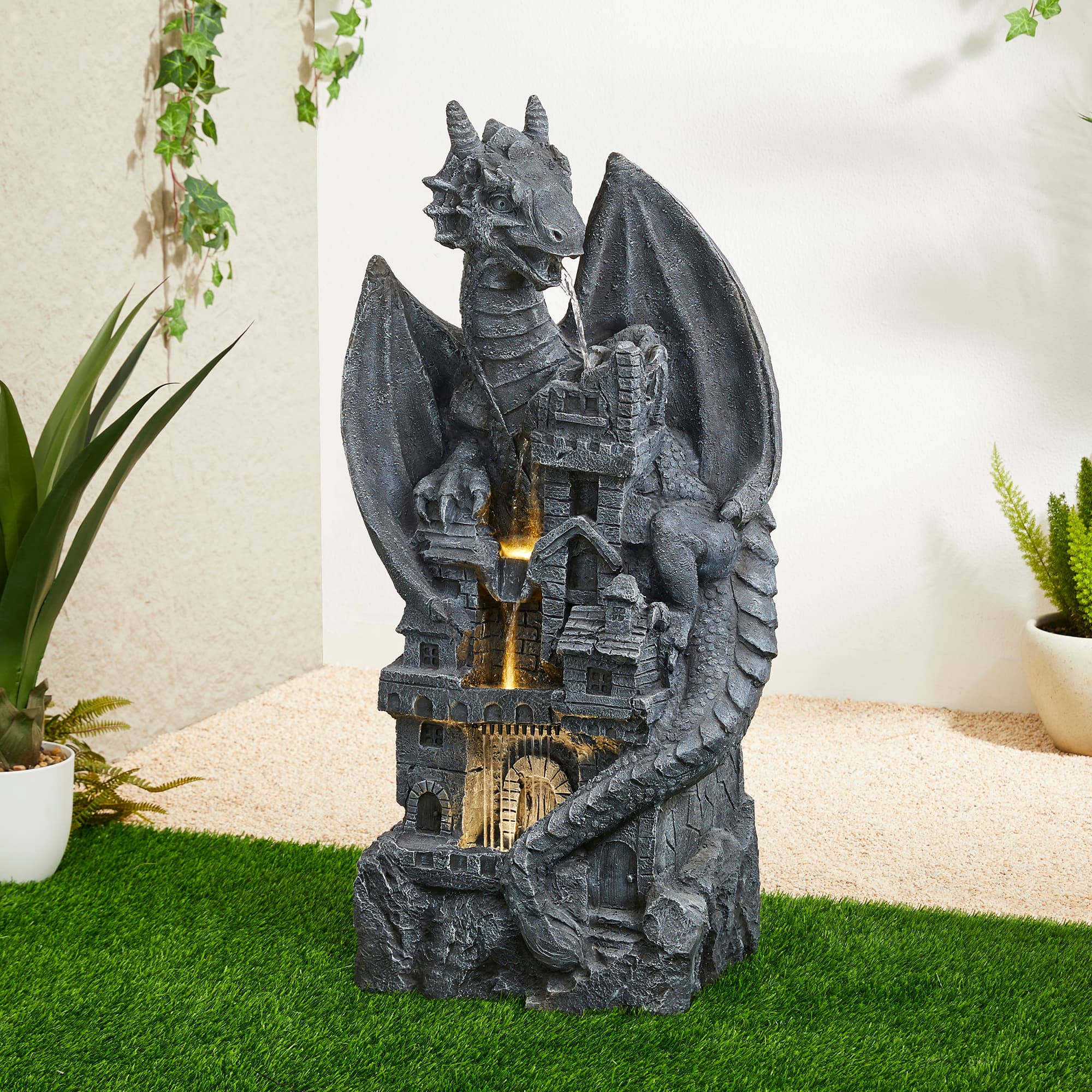 Glitzhome® 36.5" 4-Tier Gothic Dragon Sculptural Outdoor Fountain with LED Light