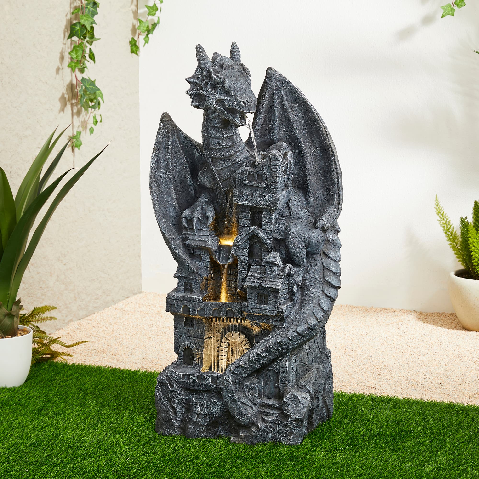 Glitzhome&#xAE; 36.5&#x22; 4-Tier Gothic Dragon Sculptural Outdoor Fountain with LED Light