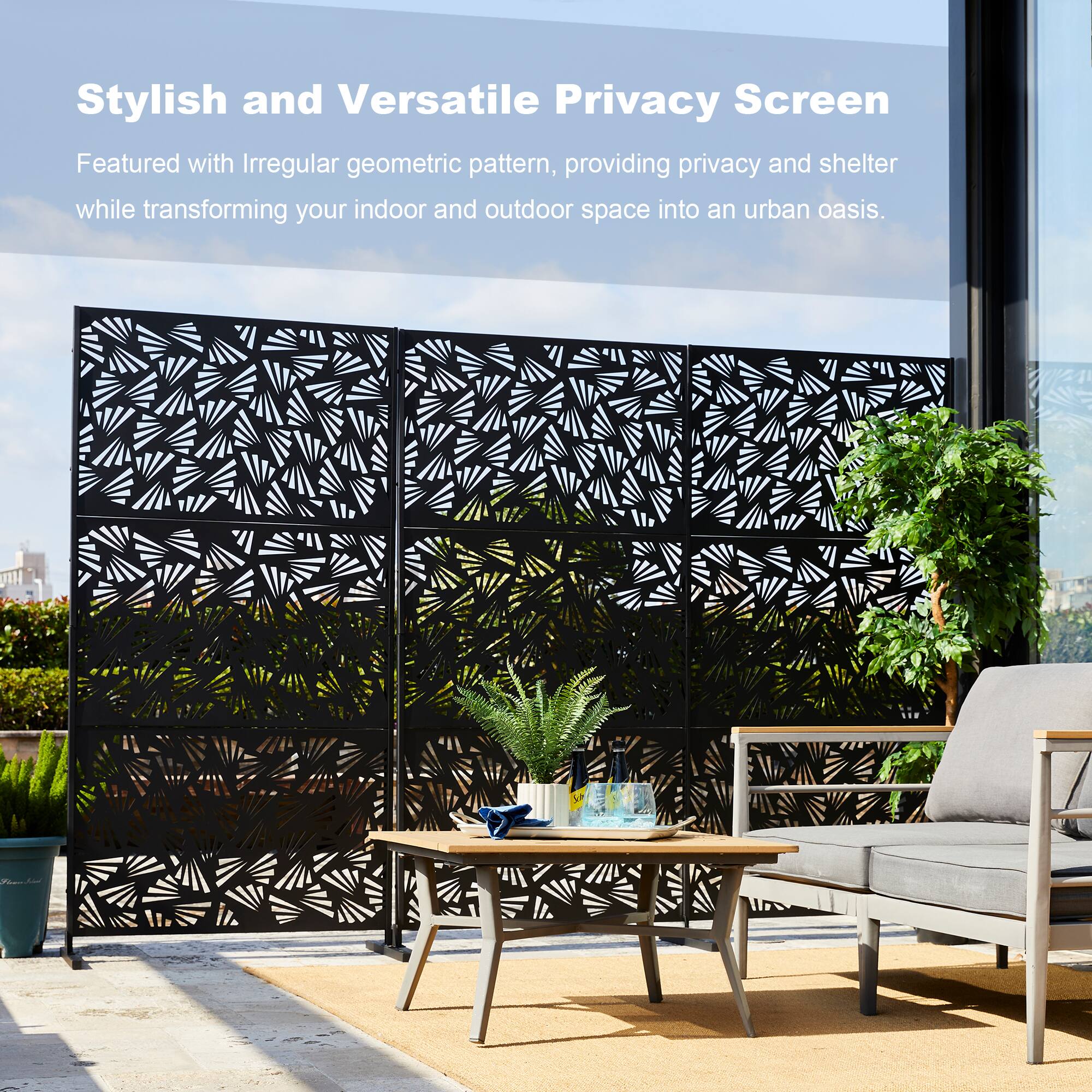 Glitzhome&#xAE; 6ft. Black Galvanized Steel Irregular Geometric Pattern Privacy Screen Fence Panel &#x26; Room Divider