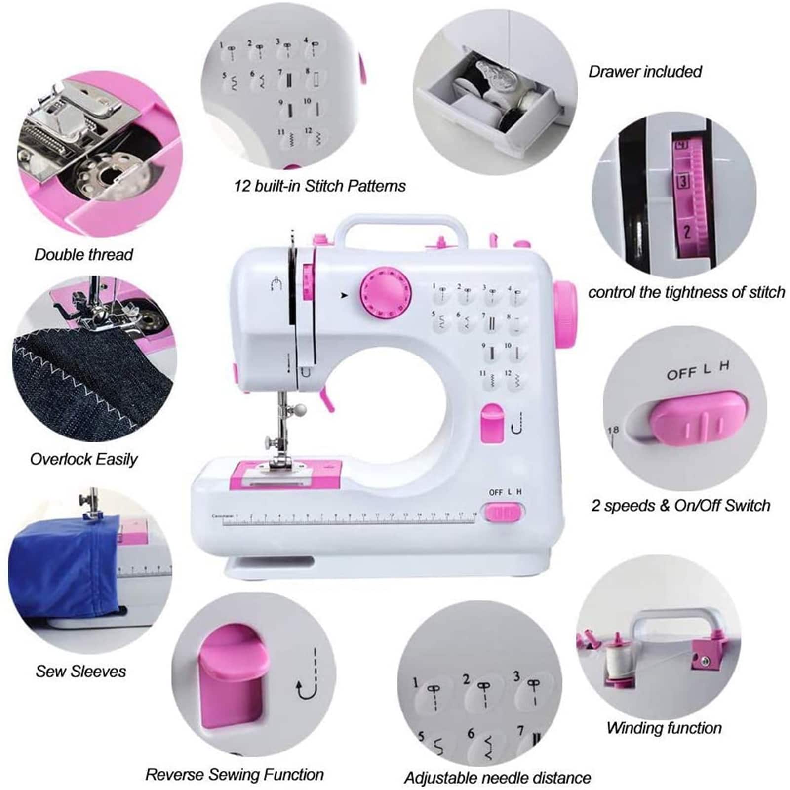 NEX&#x2122; Cute Pink Modern Crafting Sewing Machine with 12 Built-In Stitches