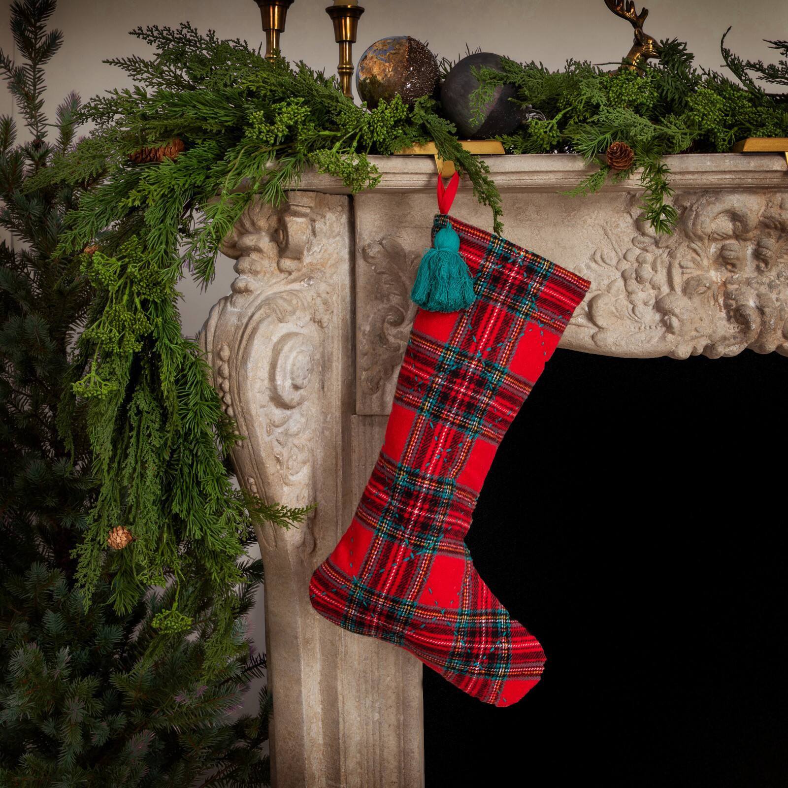 Hello Honey&#xAE; 20&#x22; Red &#x26; Green Plaid Brushed Cotton Flannel Quilted Stocking with Tassel