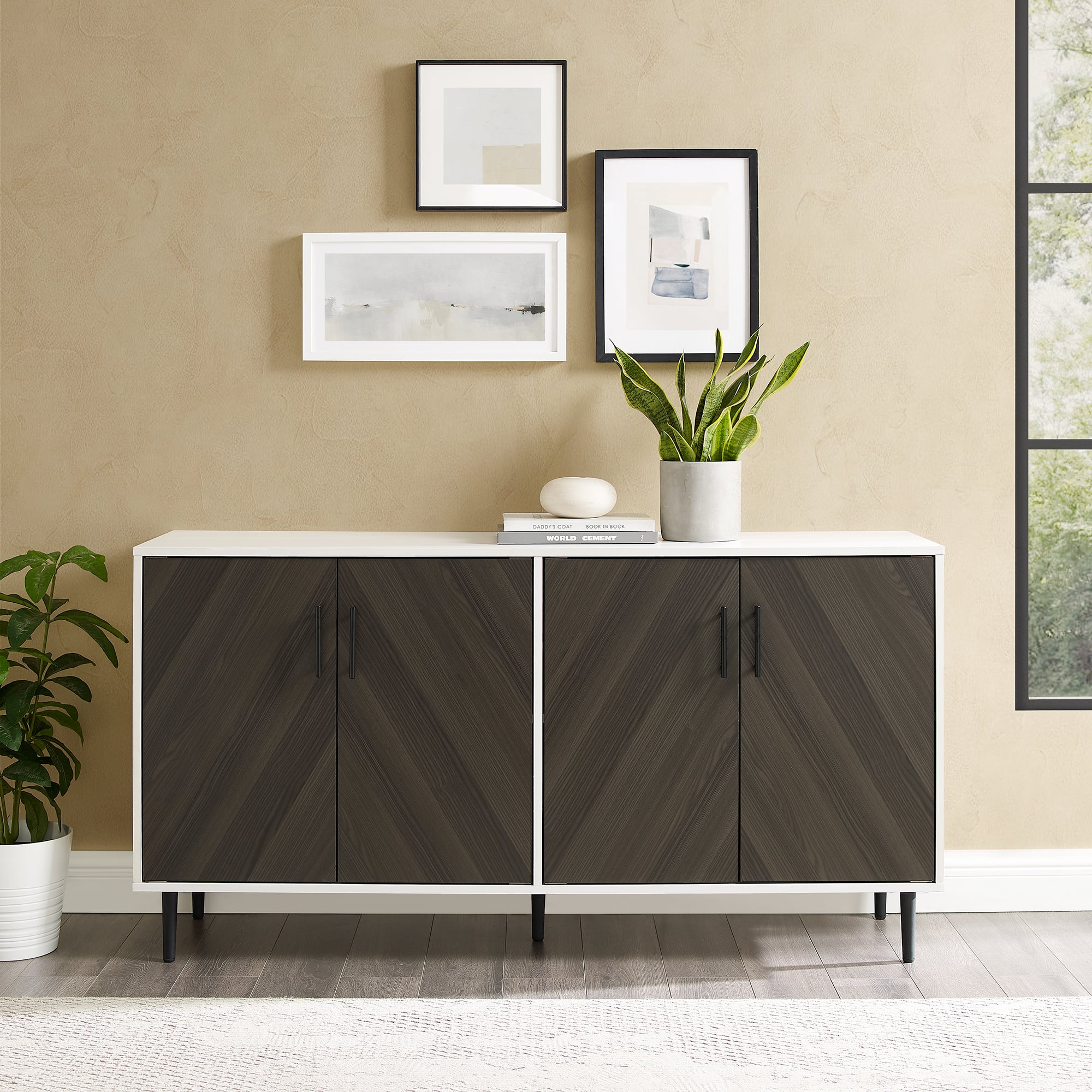 Walker Edison 58" Ash Brown Bookmatch & White Mid Century Modern TV Buffet