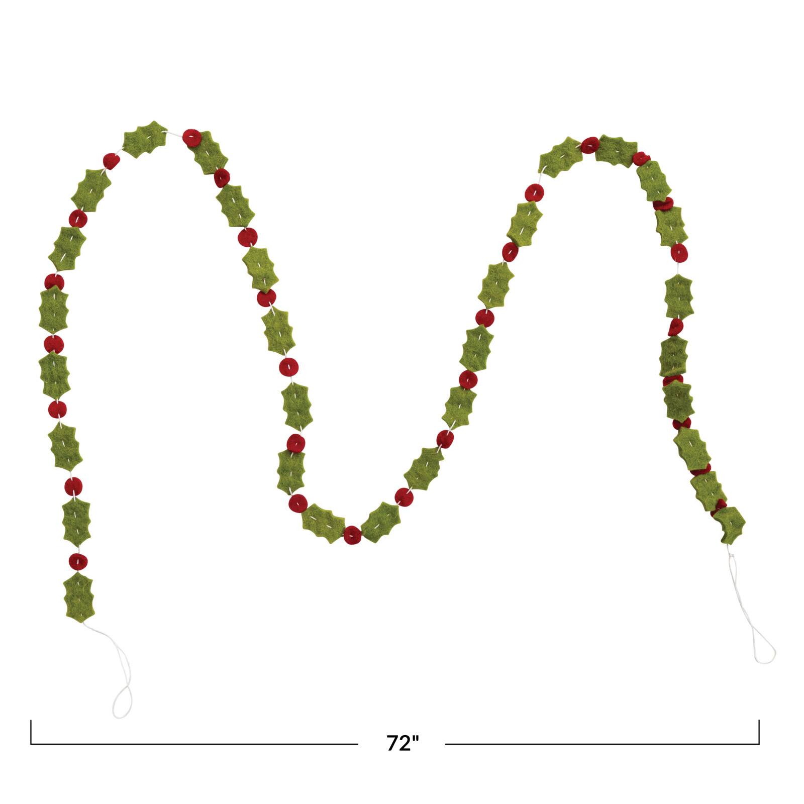 Hello Honey® 6ft. Green & Red Holly Leaves & Berries Handmade Wool Felt Garland
