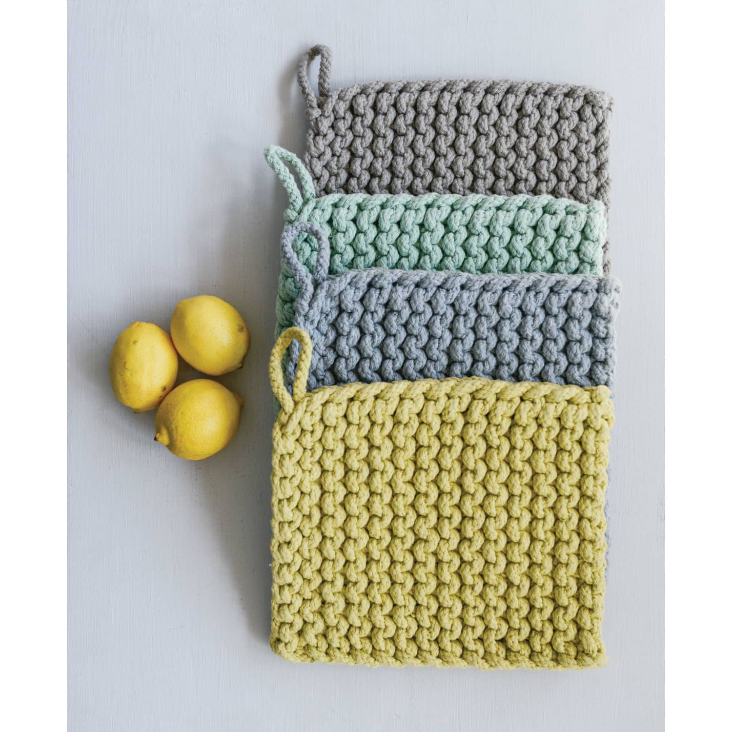Hello Honey® 8" Blue, Gray, Yellow & Green Square Cotton Crocheted Pot Holder Set