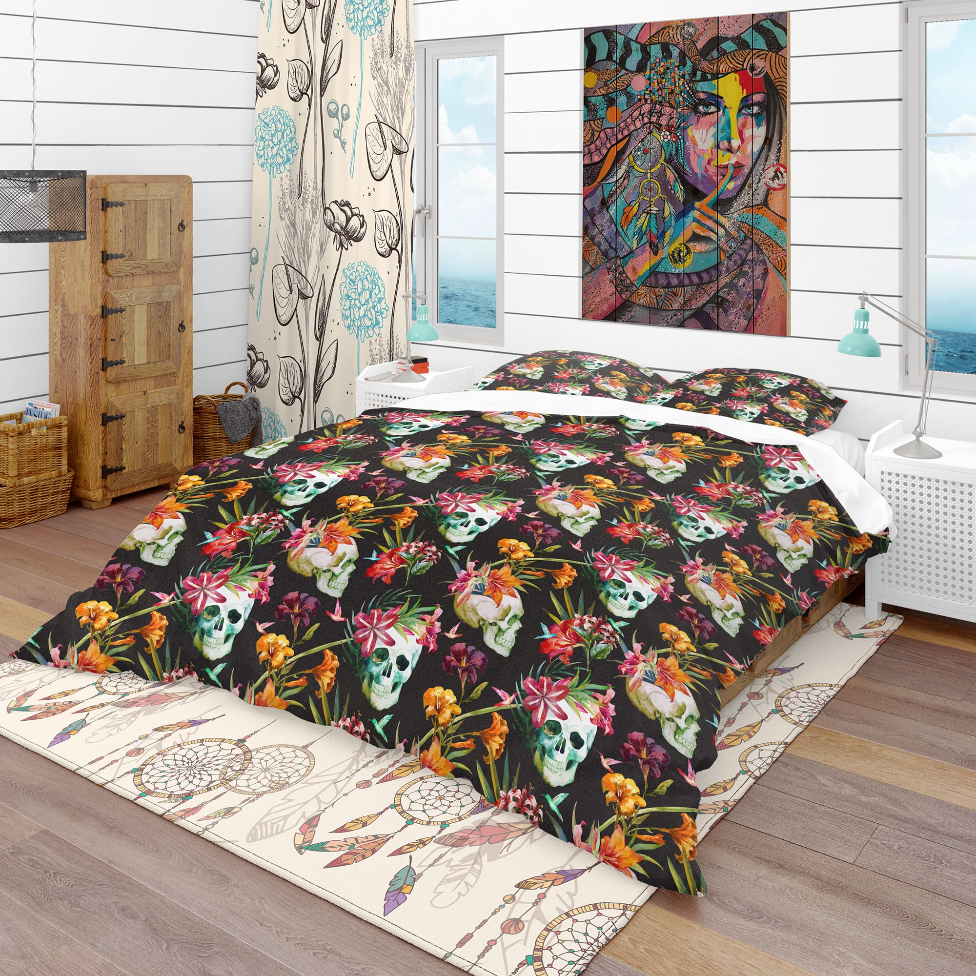 Designart &#x27;Skull and Flowers&#x27; Bohemian &#x26; Eclectic Bedding Set - Duvet Cover &#x26; Shams
