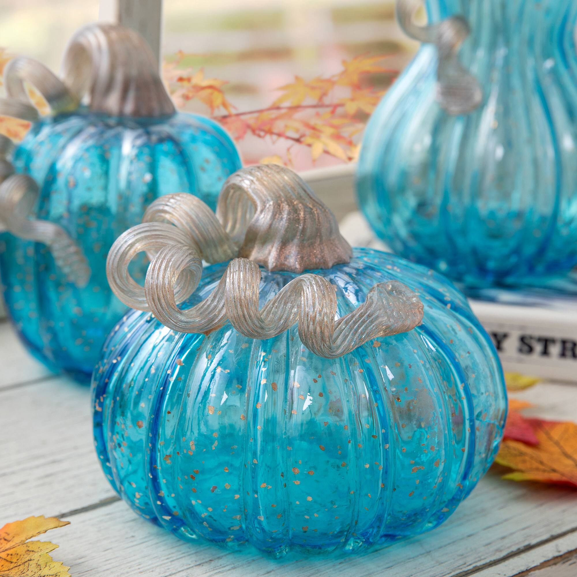 Glitzhome&#xAE; Blue Glass Pumpkin Set