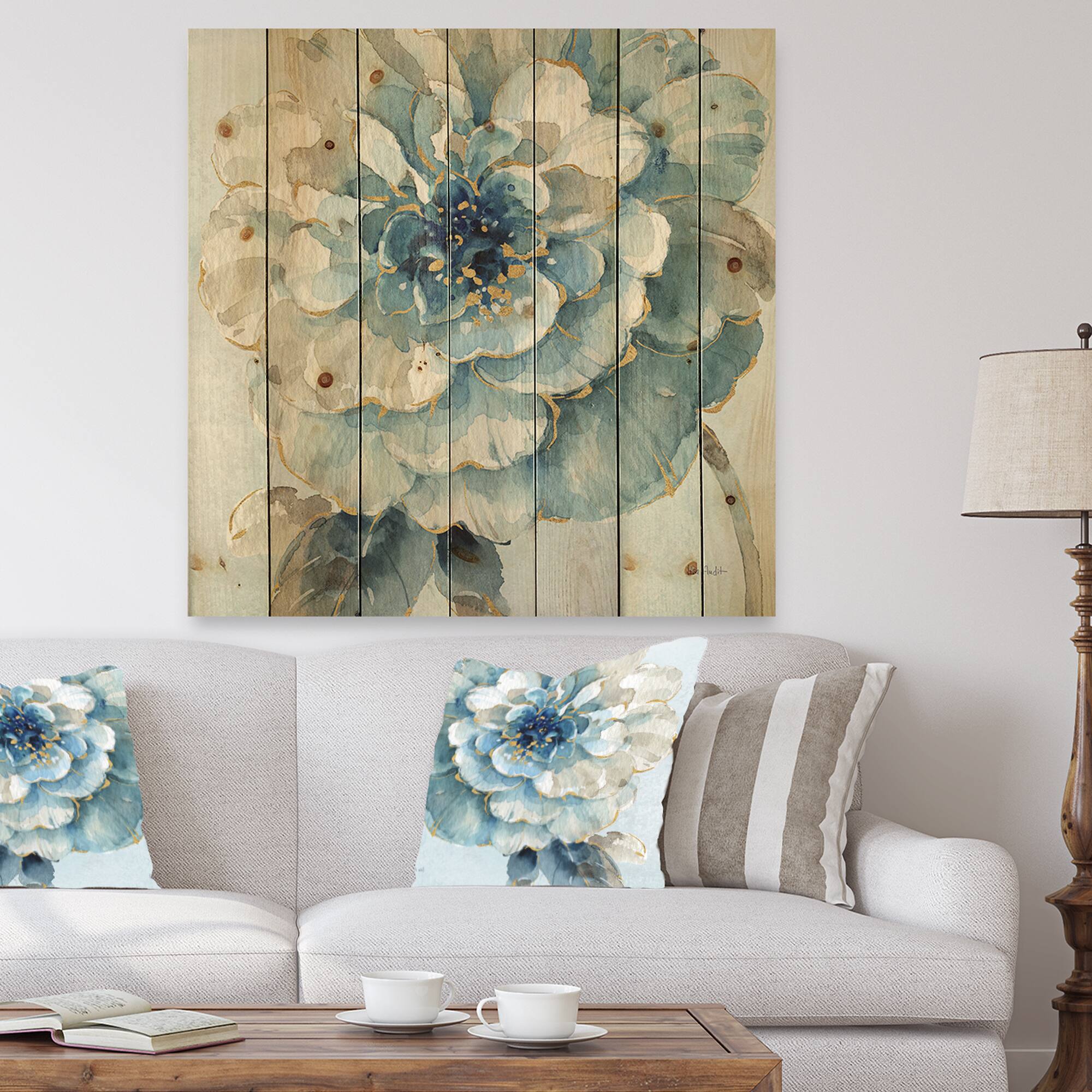 Designart Indigold Watercolor Flower II Farmhouse Print On Natural Pine Wood