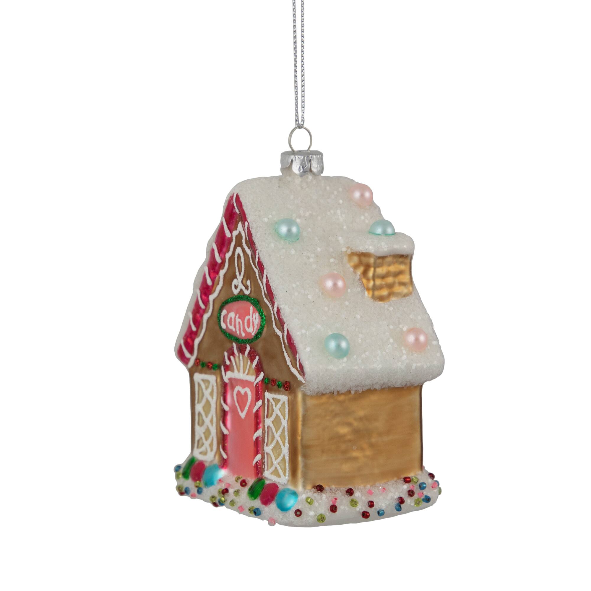 4.5" Glittered Gingerbread House Glass Christmas Ornament