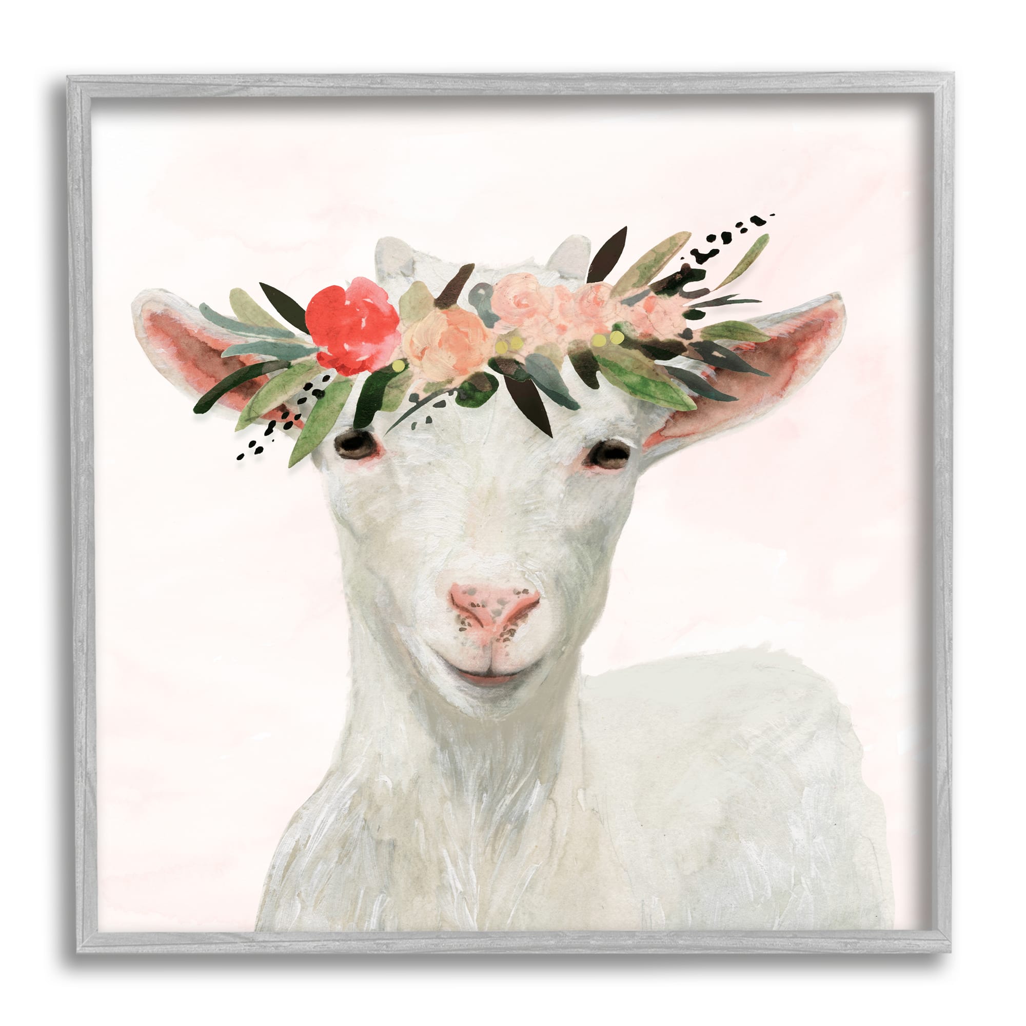Stupell Industries Springtime Flower Crown Baby Goat Wall Accent with Gray Frame
