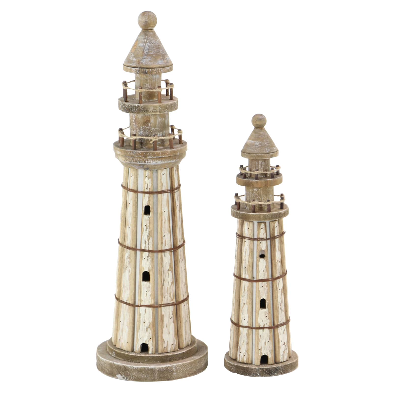 Set of 2 Brown Wood Coastal Light House Sculpture, 15&#x22;, 20&#x22;