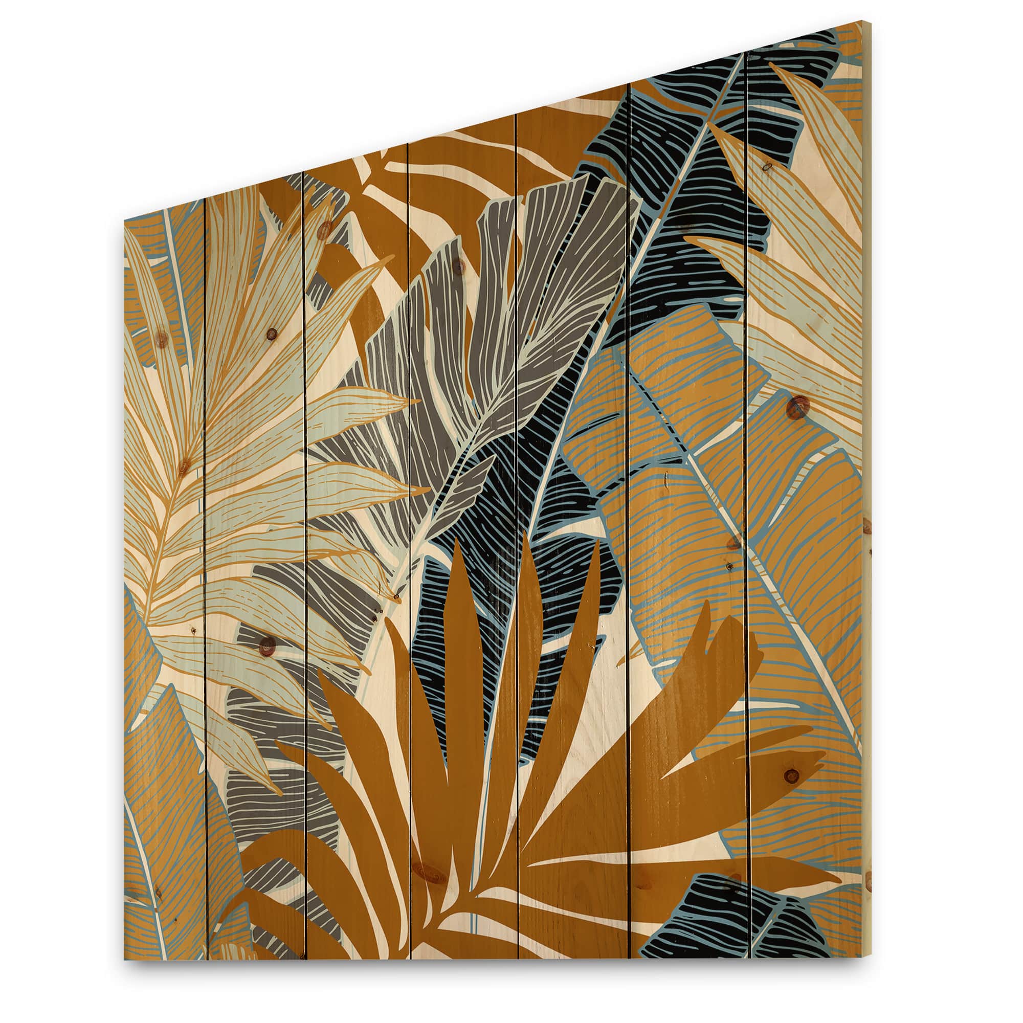 Designart - Abstract Tropical Summer Palm Tree & Banana Leaves - Modern Print on Natural Pine Wood