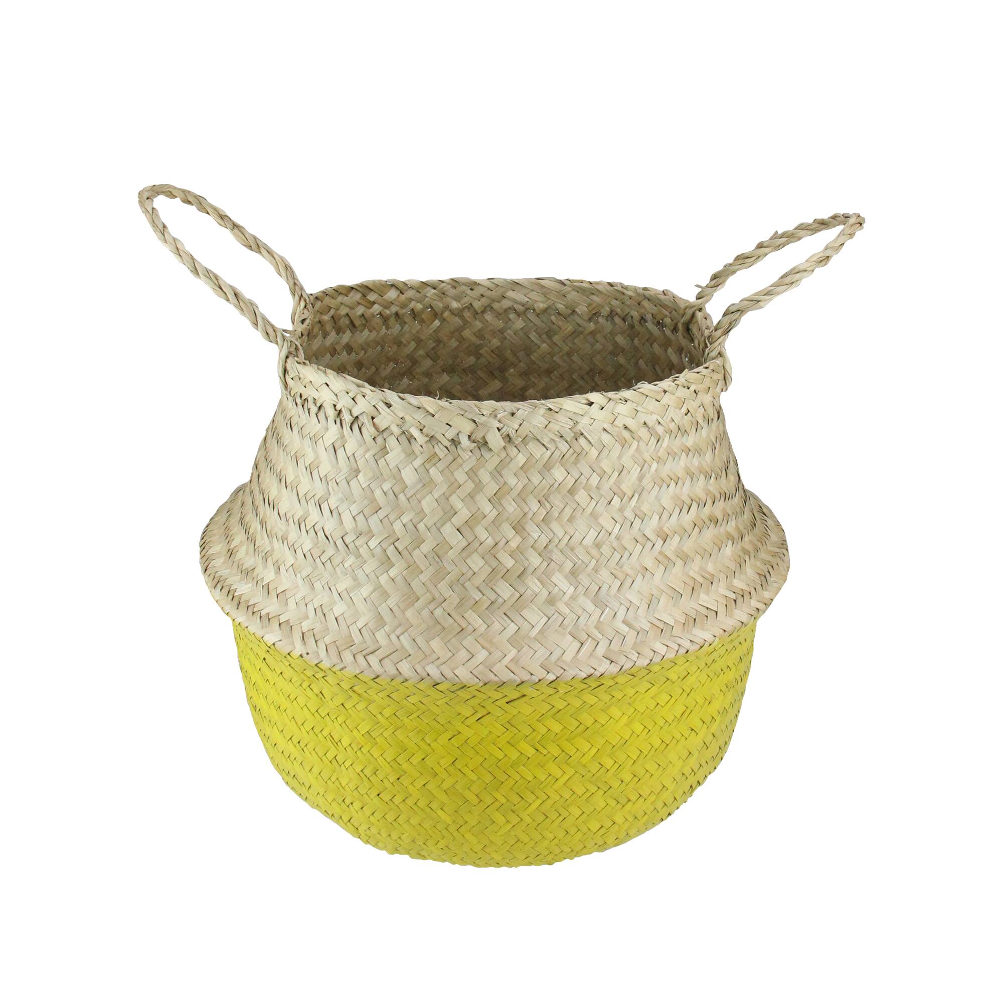14.5&#x22; Beige &#x26; Yellow Large Seagrass Belly Basket with Handles