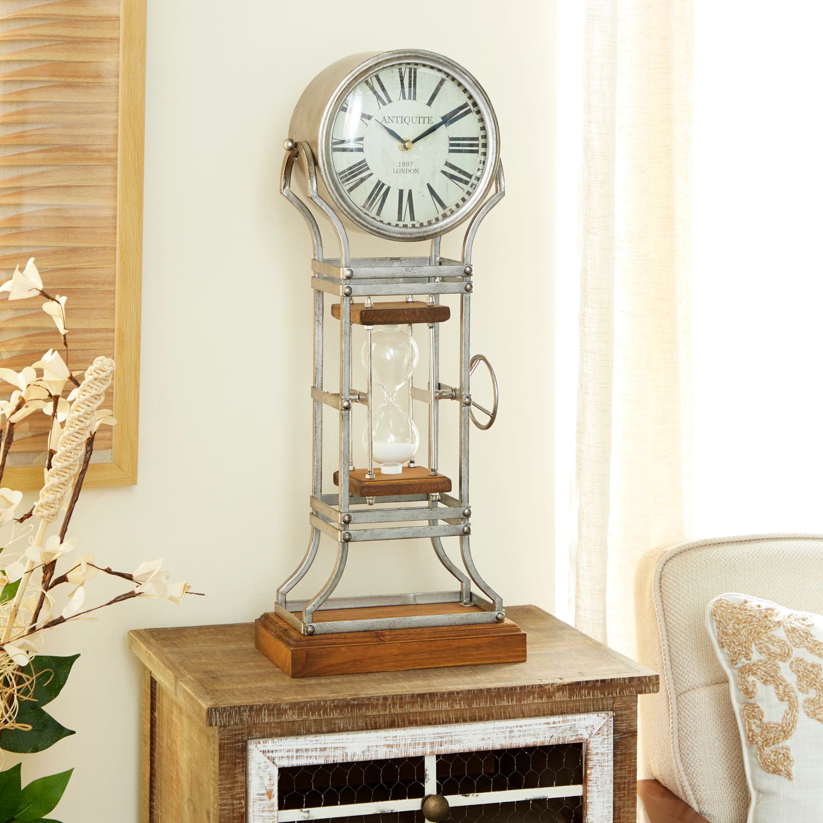 23&#x22; Gray Metal Rustic Clock With Hourglass