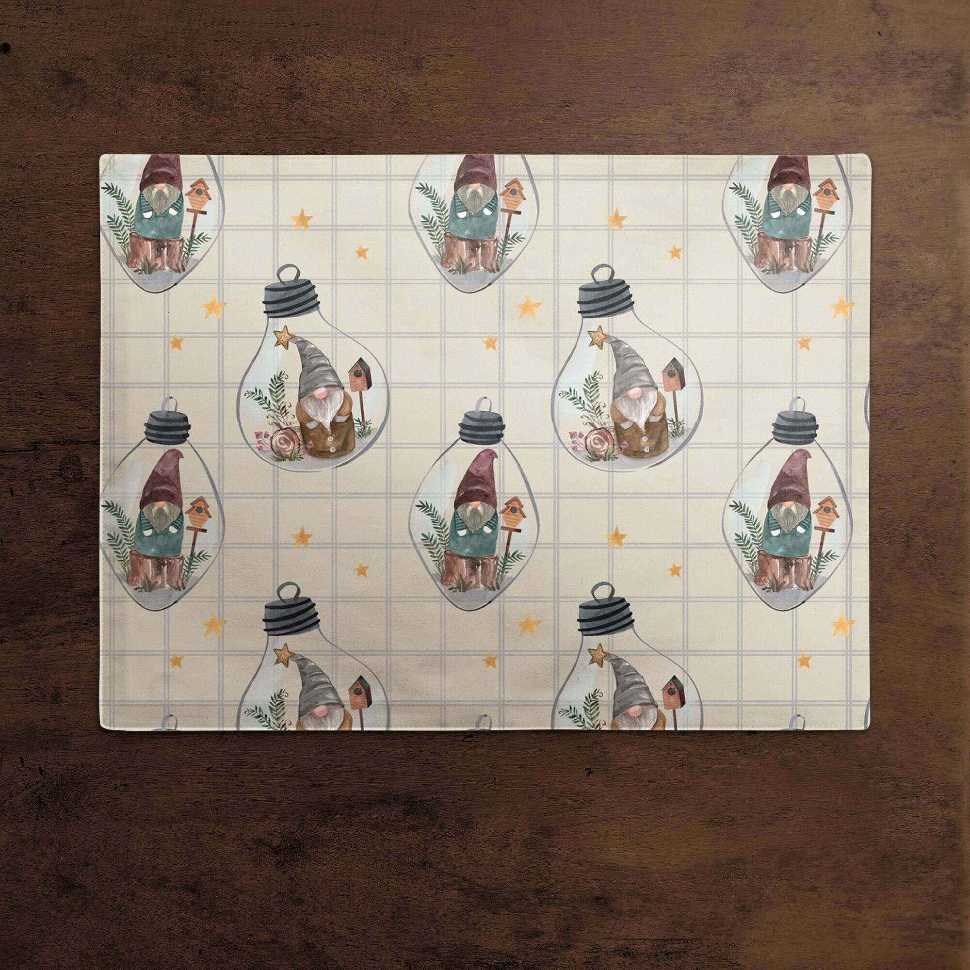 Cream &#x26; Gray Check Gnome Globe Pattern Cotton Twill Placemat