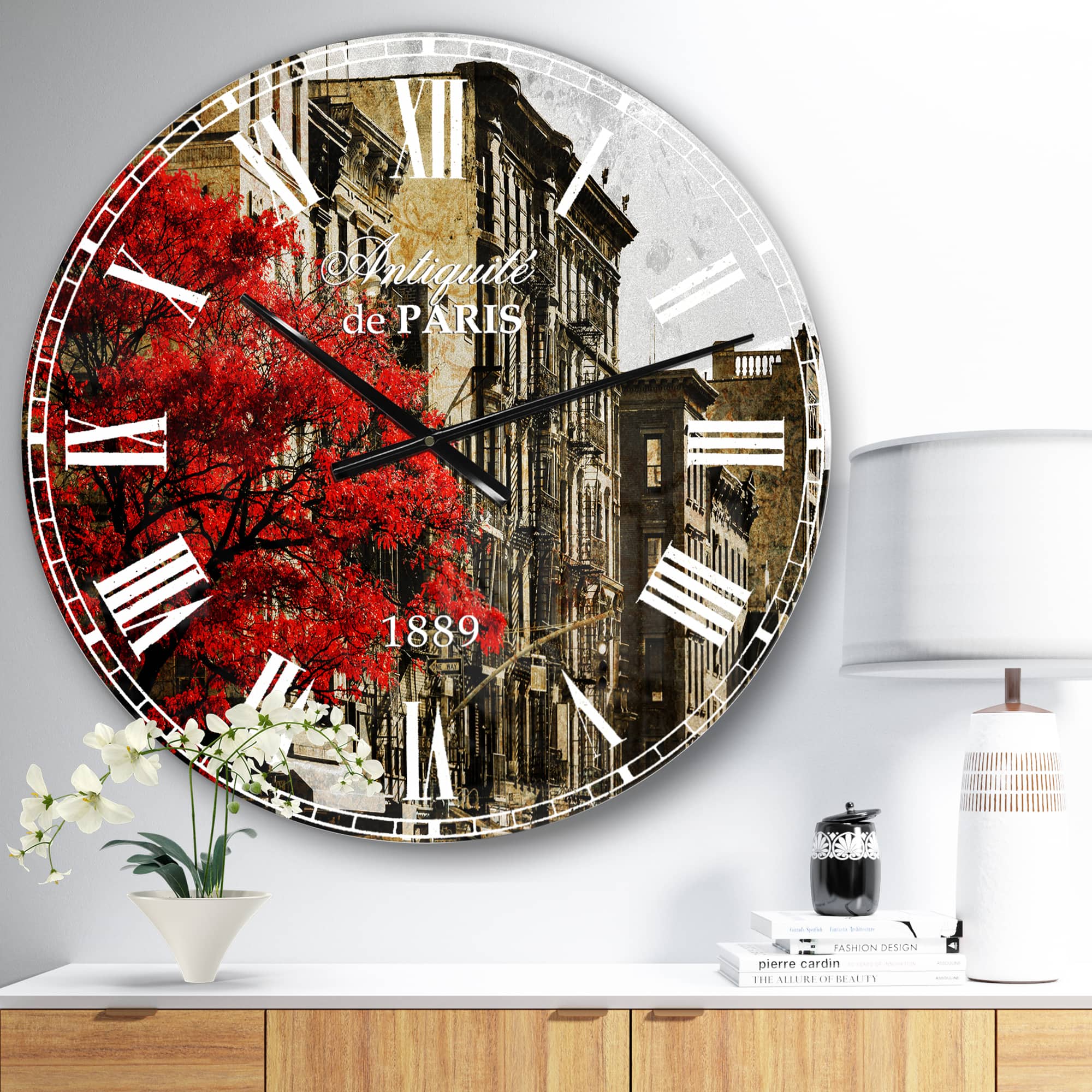 Designart 'Red Tree On Black And White New York City Street Industrial Wall Clock