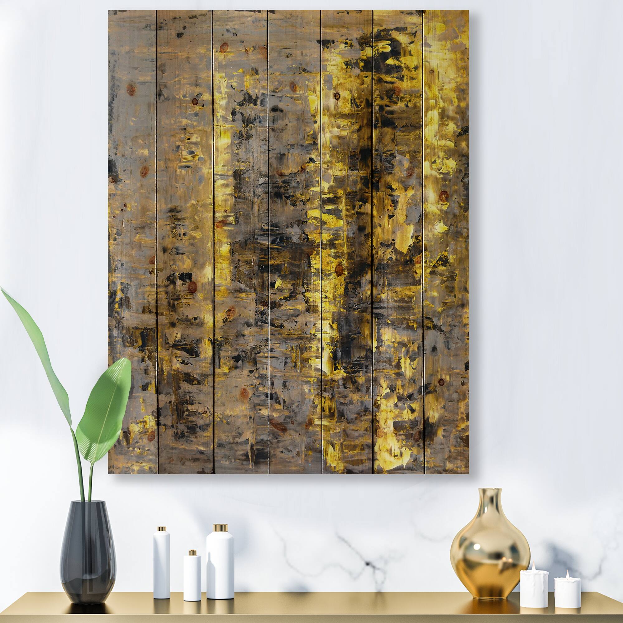 Designart - Yellow Meets Grey Abstract Art II - Modern Print on Natural Pine Wood